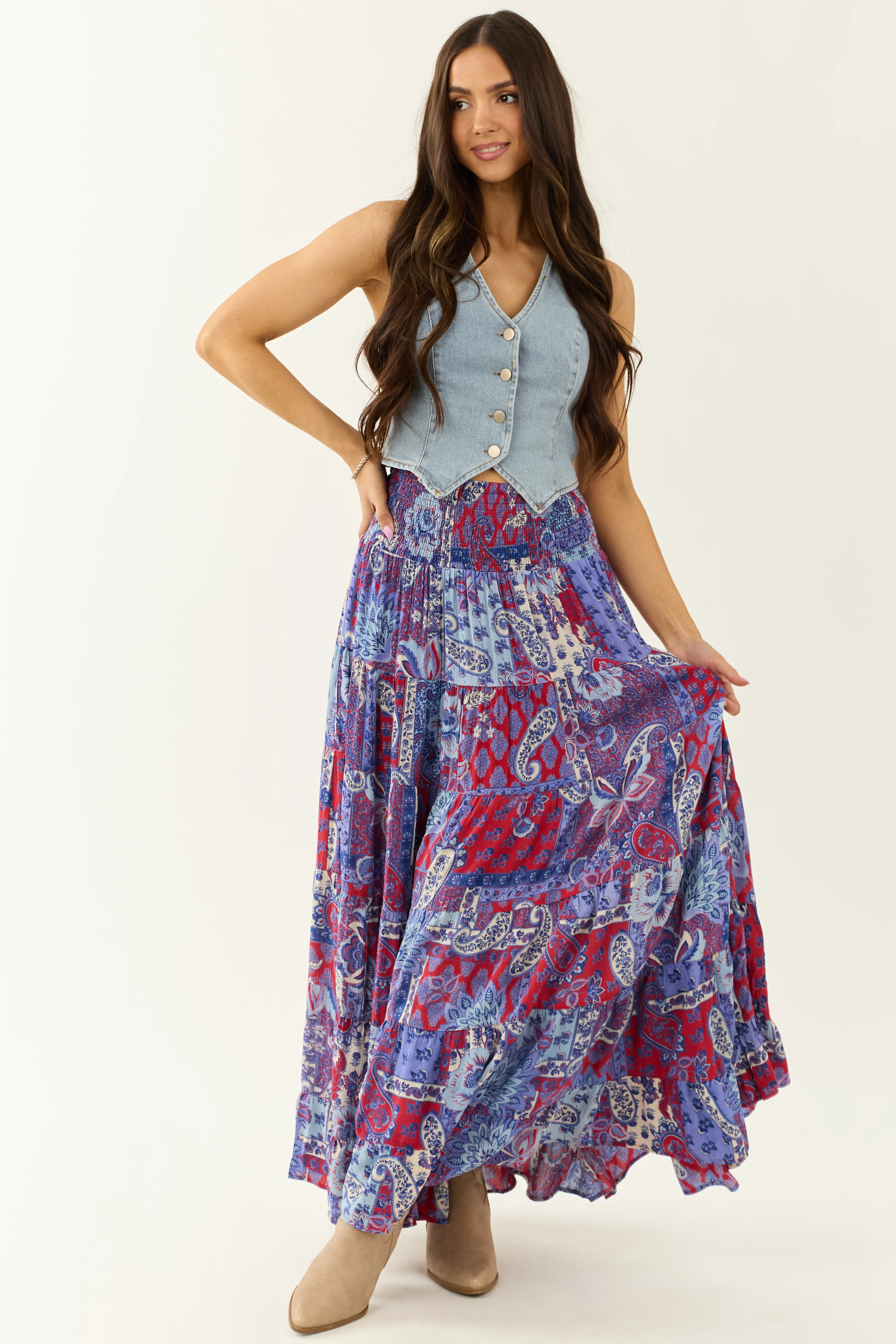 Cobalt Paisley Floral Print Smocked Tiered Maxi Skirt - Image 10