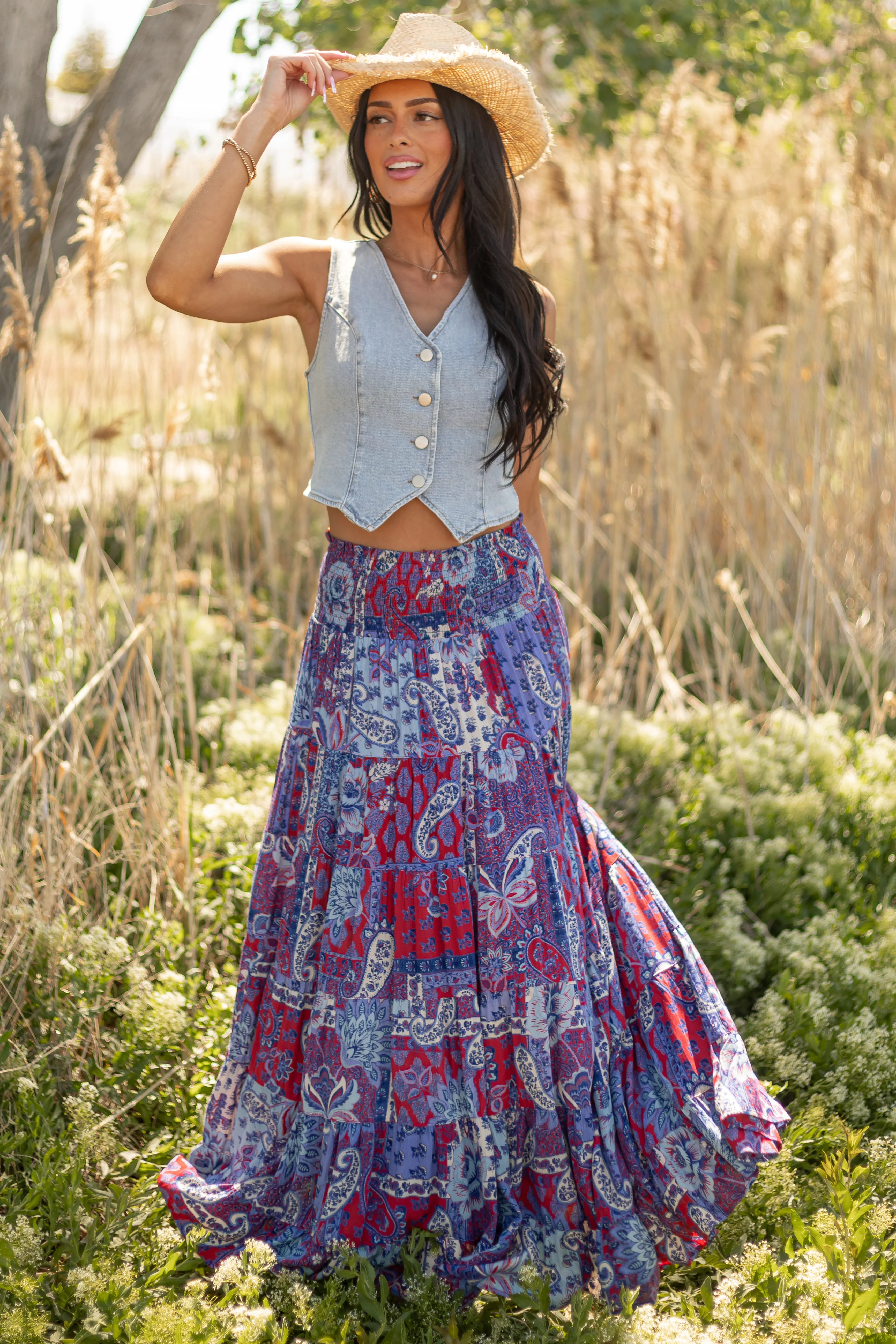 Cobalt Paisley Floral Print Smocked Tiered Maxi Skirt - Image 3