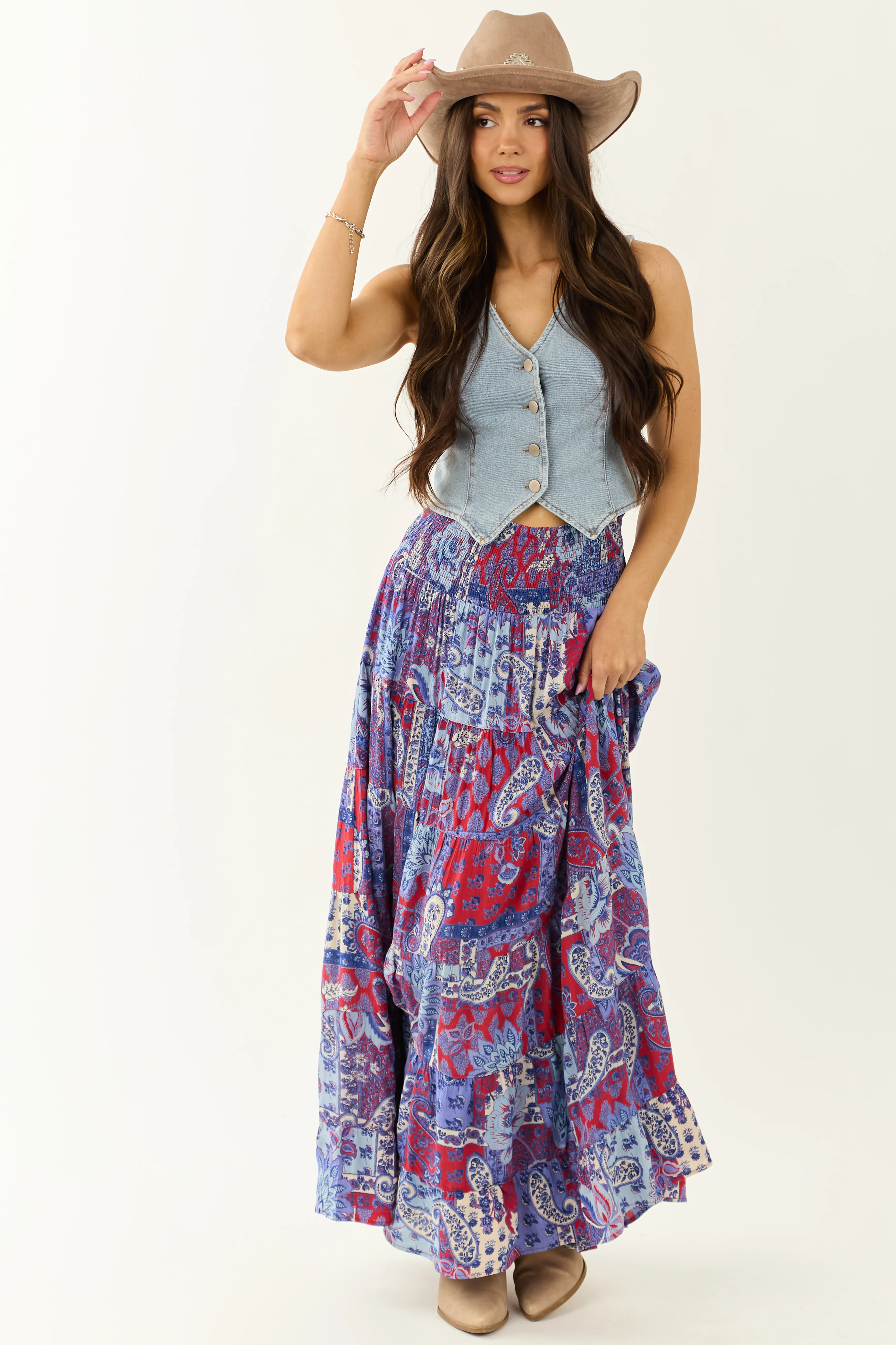 Cobalt Paisley Floral Print Smocked Tiered Maxi Skirt - Image 4