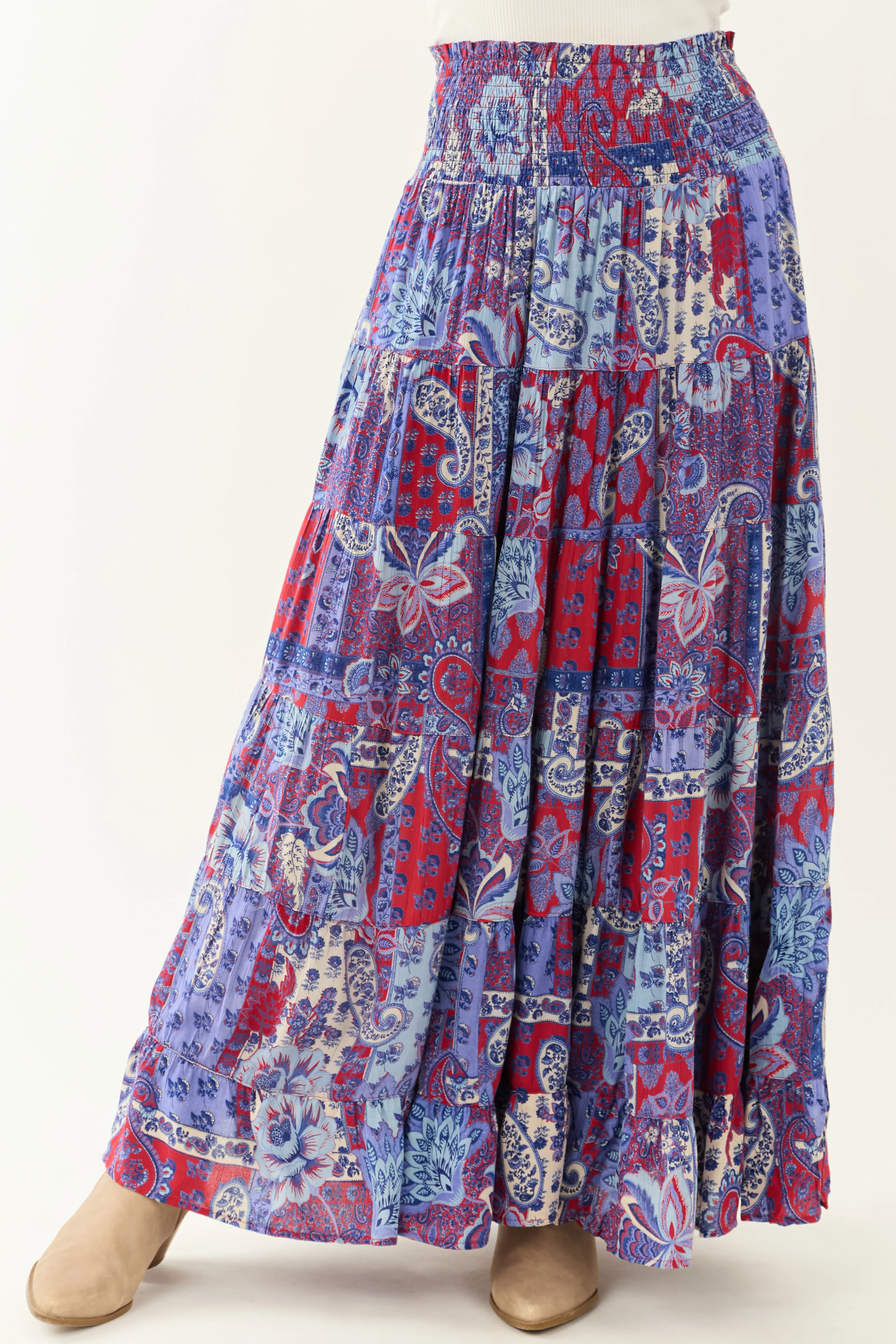 Cobalt Paisley Floral Print Smocked Tiered Maxi Skirt - Image 5