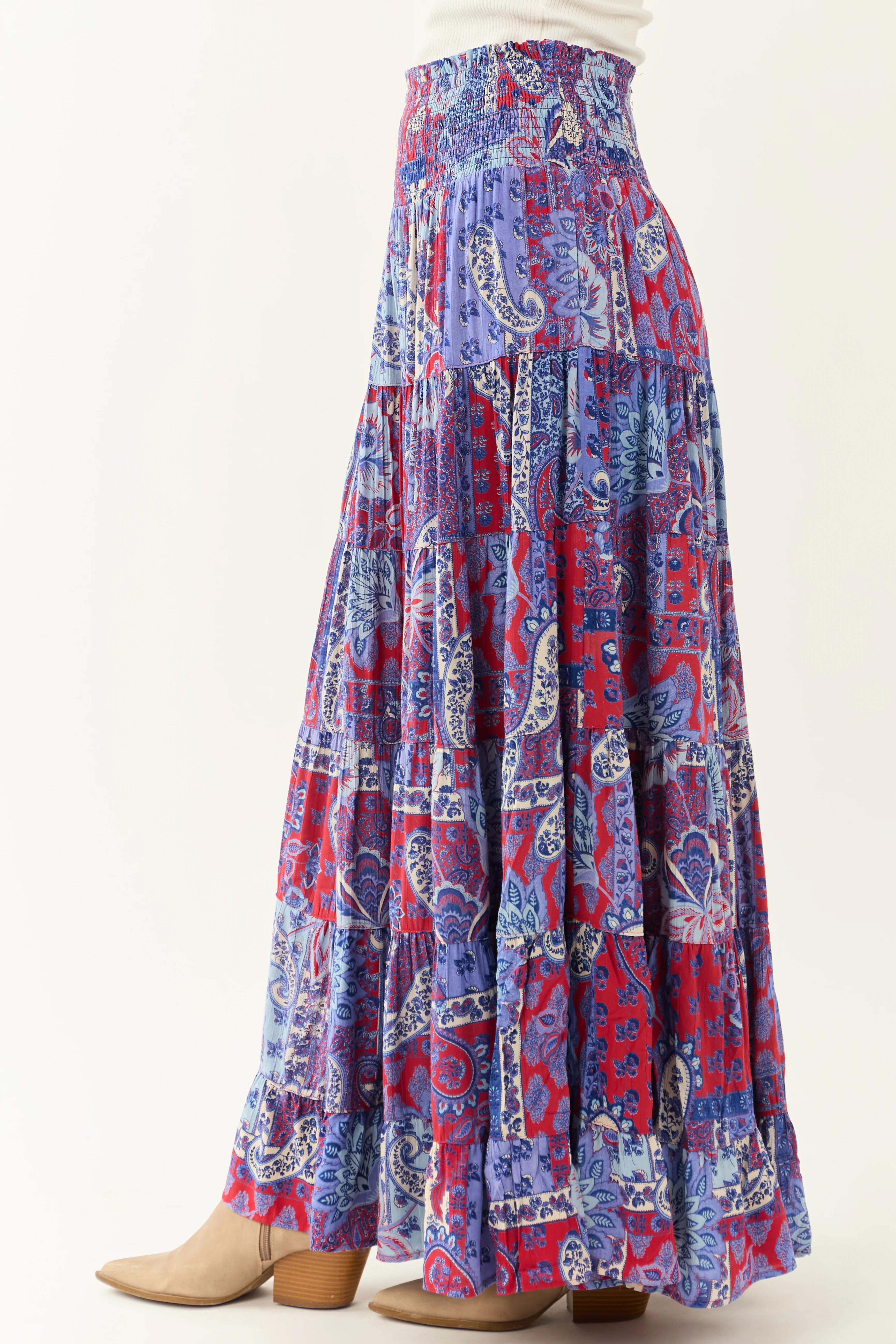 Cobalt Paisley Floral Print Smocked Tiered Maxi Skirt - Image 6