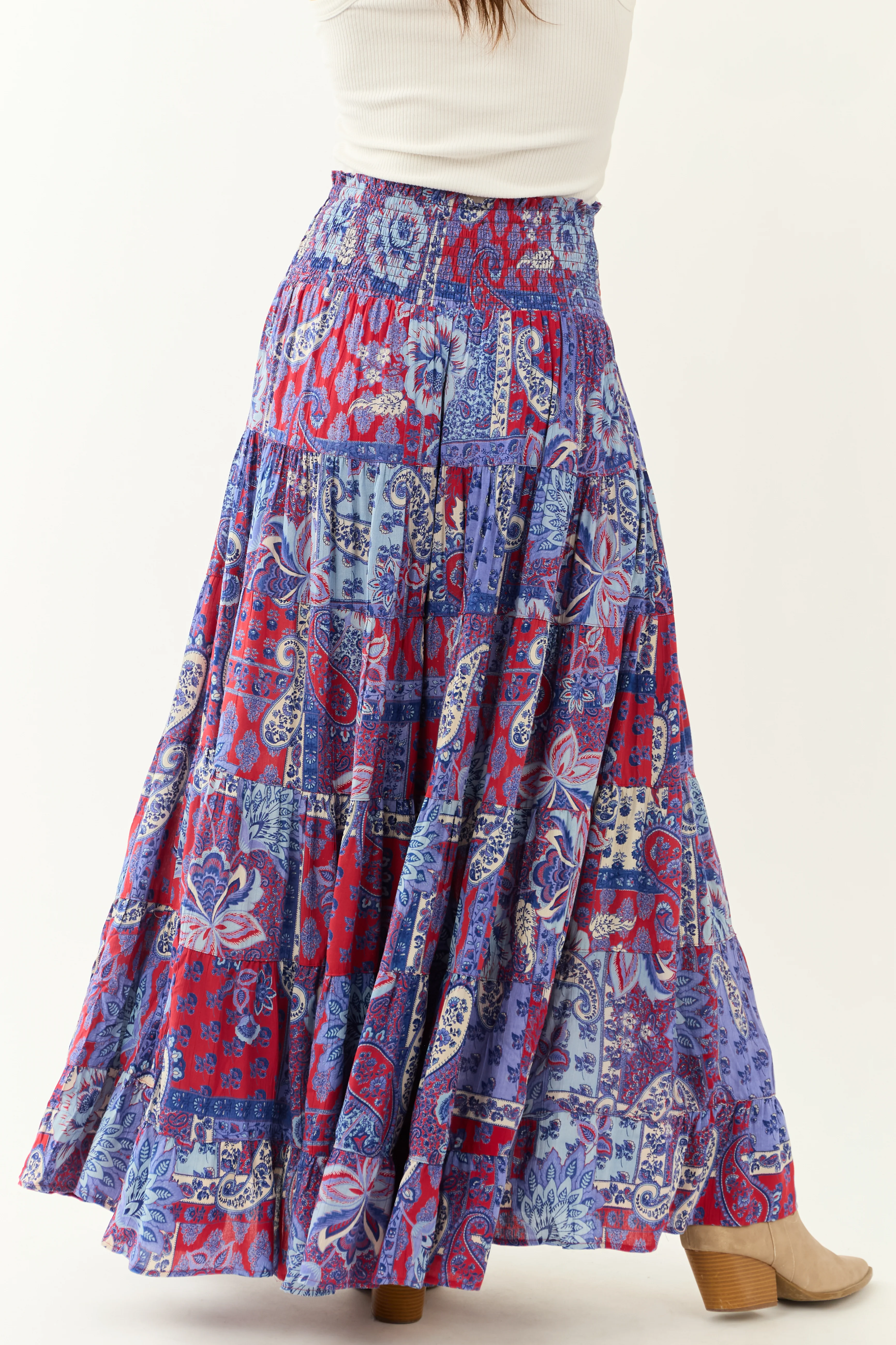 Cobalt Paisley Floral Print Smocked Tiered Maxi Skirt - Image 7