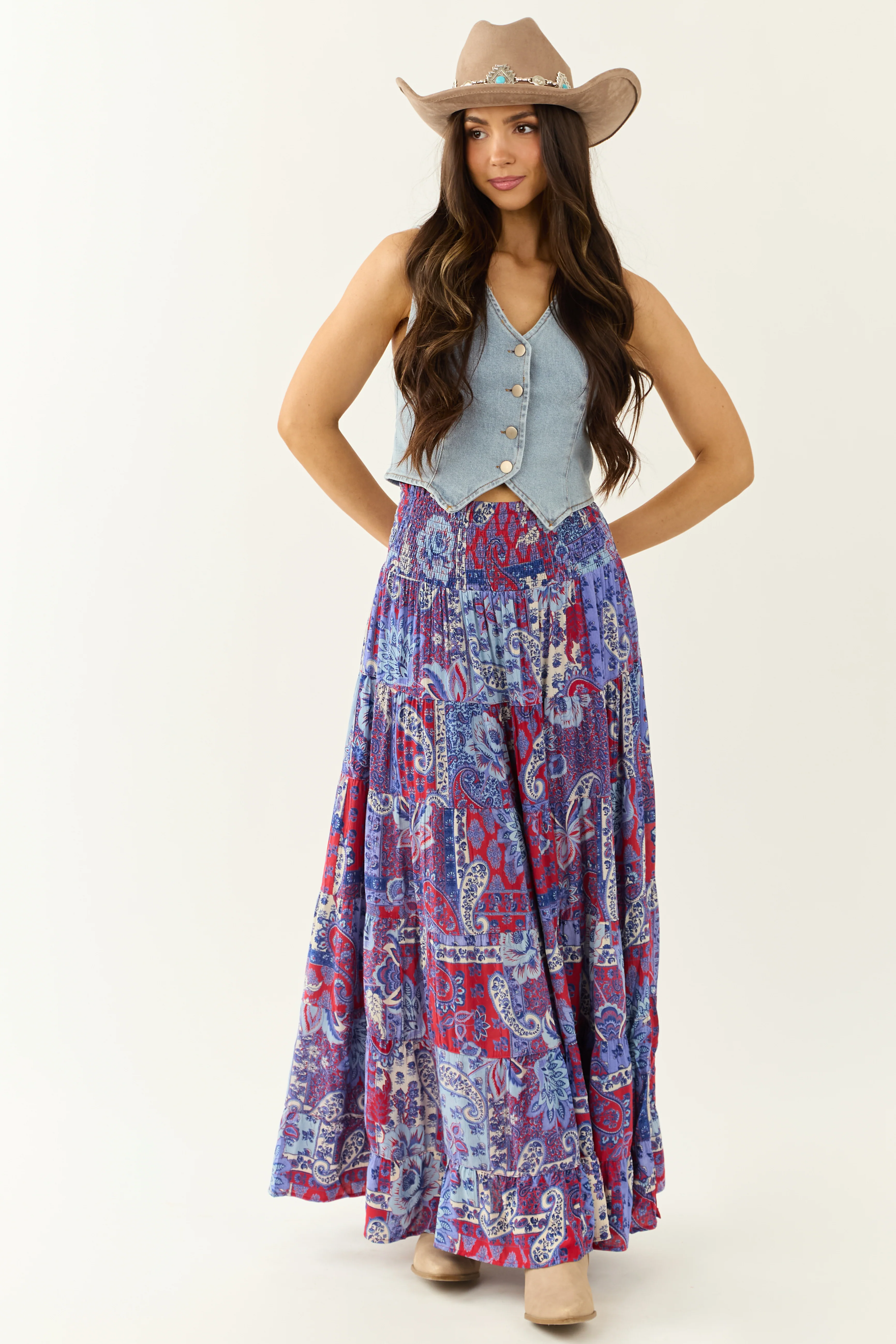 Cobalt Paisley Floral Print Smocked Tiered Maxi Skirt - Image 8