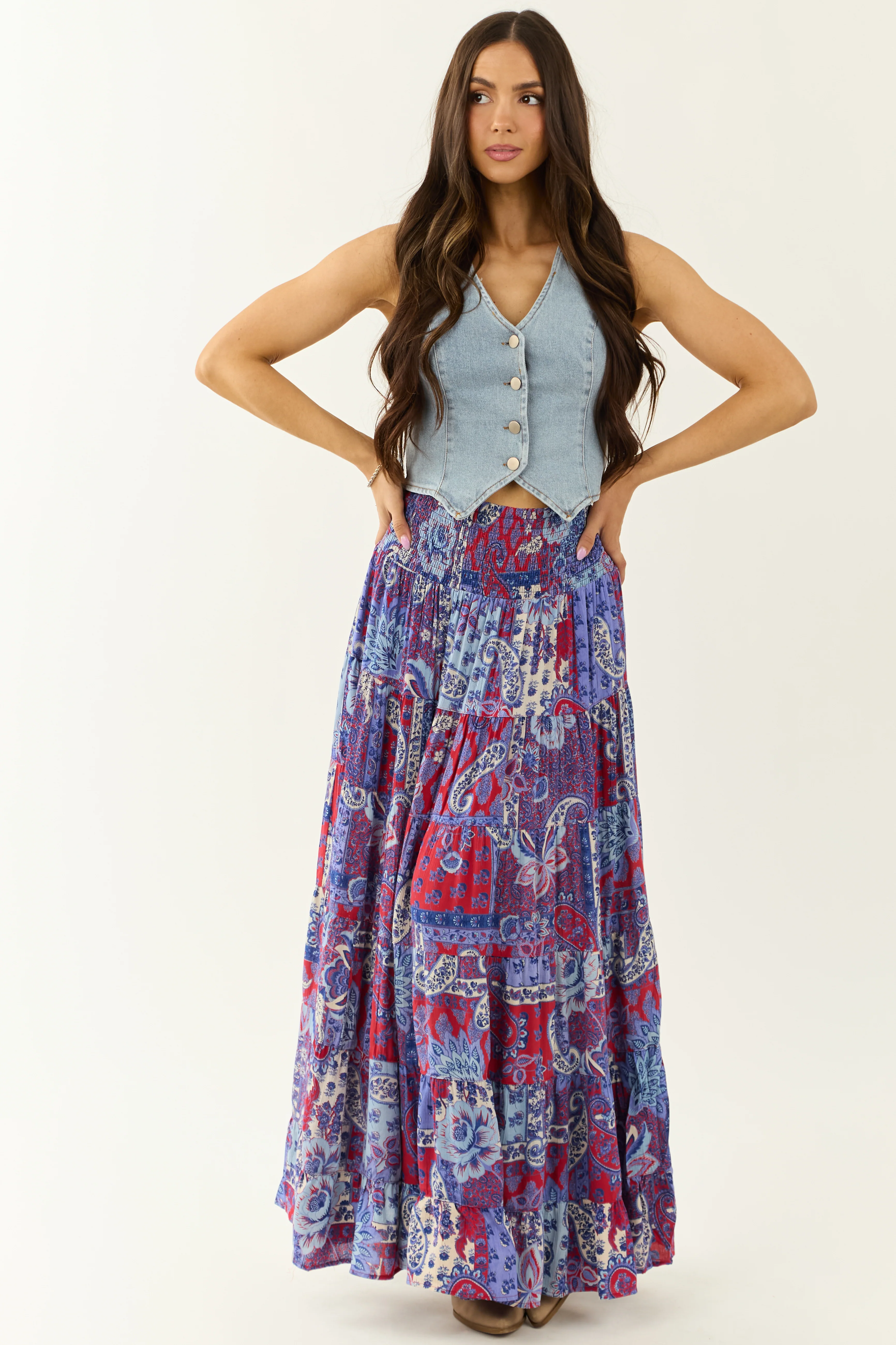 Cobalt Paisley Floral Print Smocked Tiered Maxi Skirt - Image 9