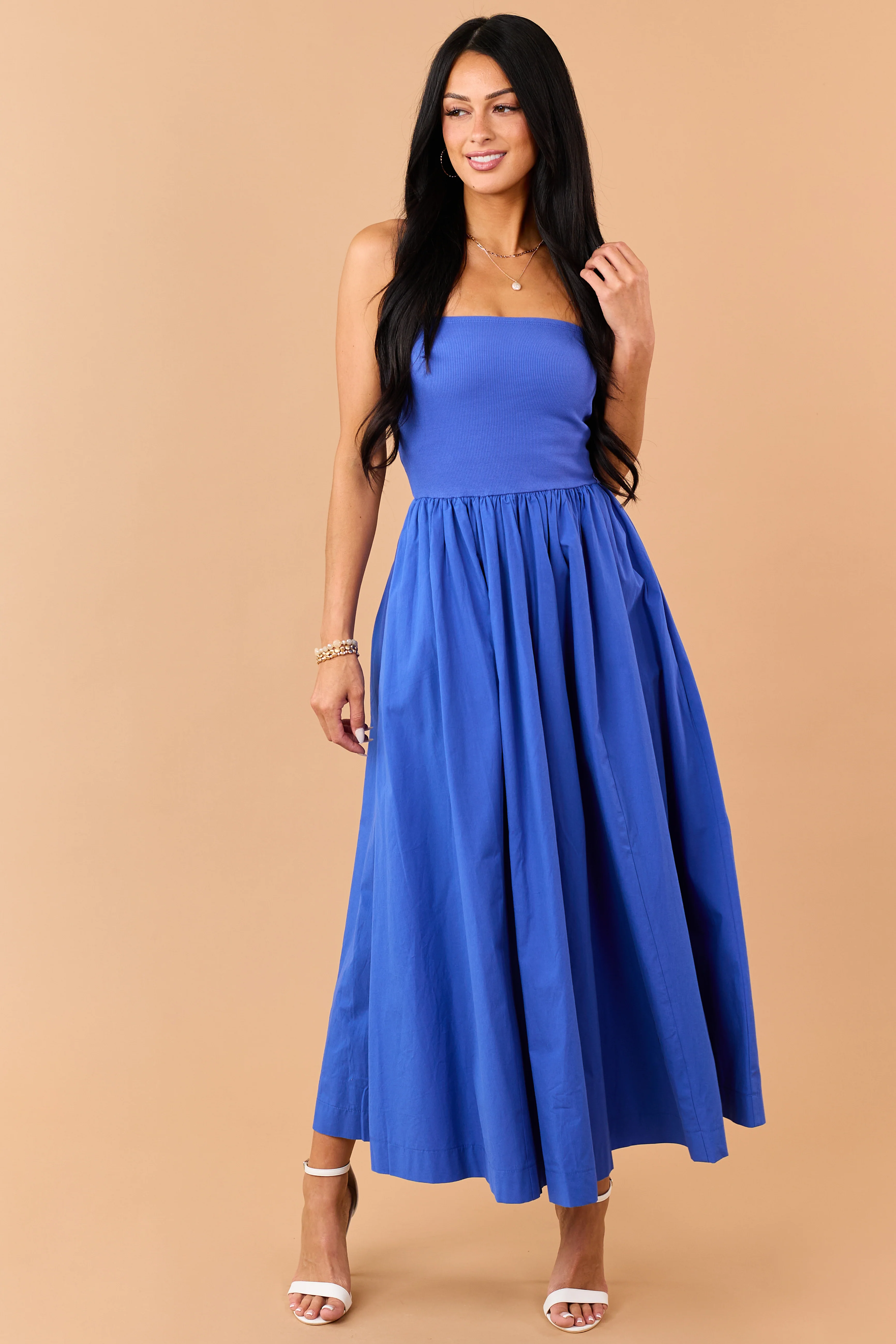 Cobalt Strapless Knit Contrast Cotton Maxi Dress