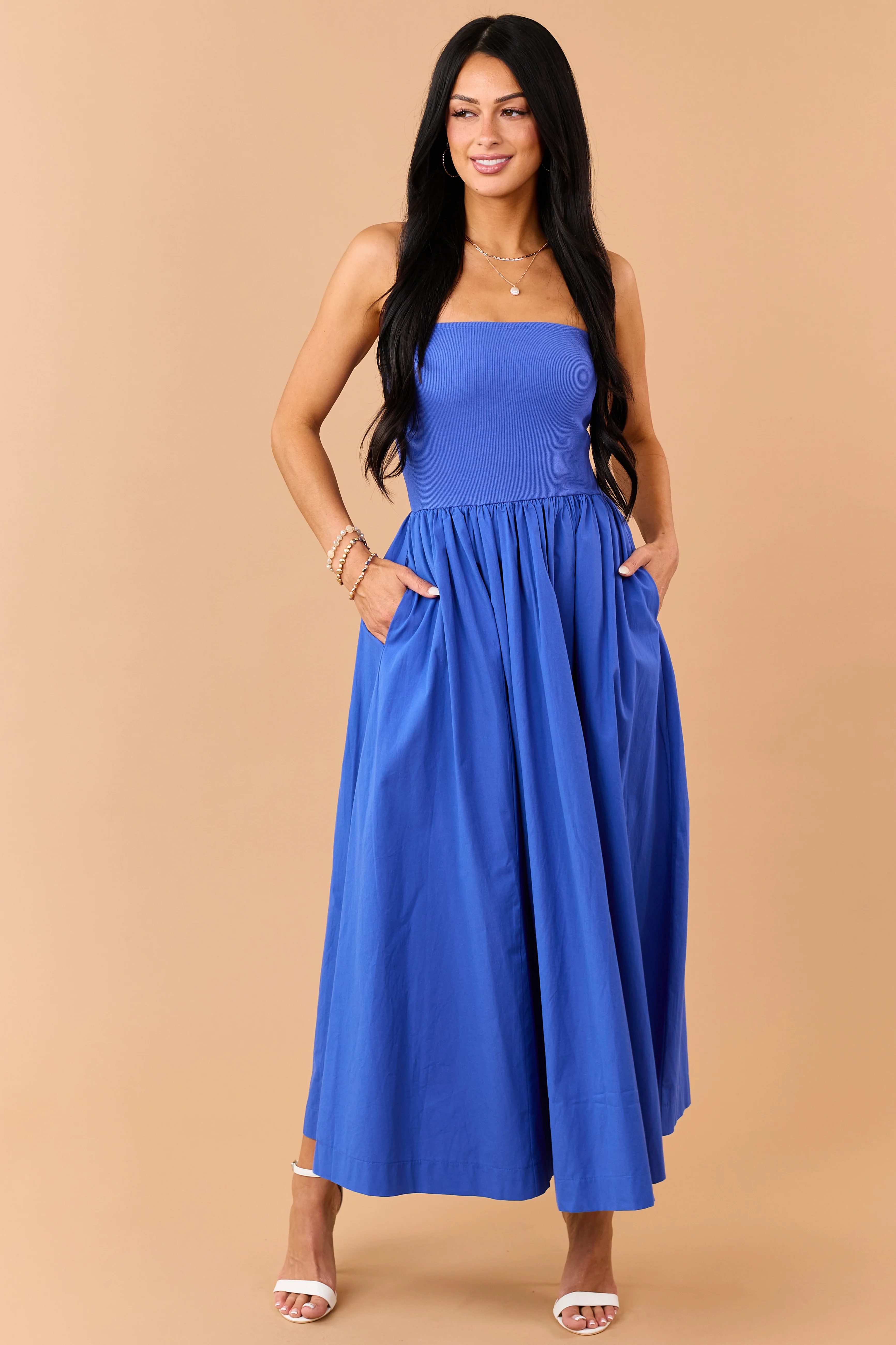 Cobalt Strapless Knit Contrast Cotton Maxi Dress - Image 2
