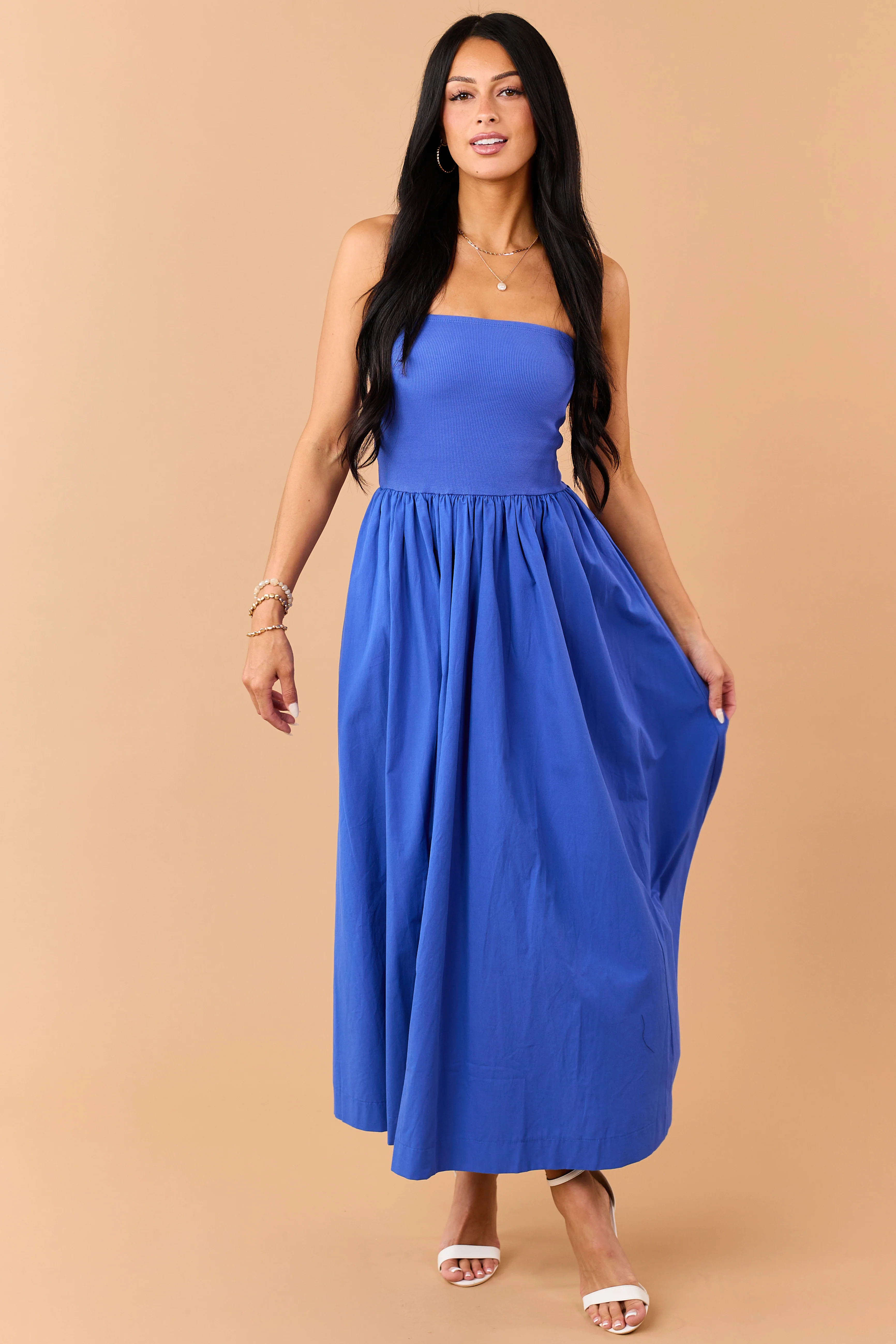 Cobalt Strapless Knit Contrast Cotton Maxi Dress - Image 3