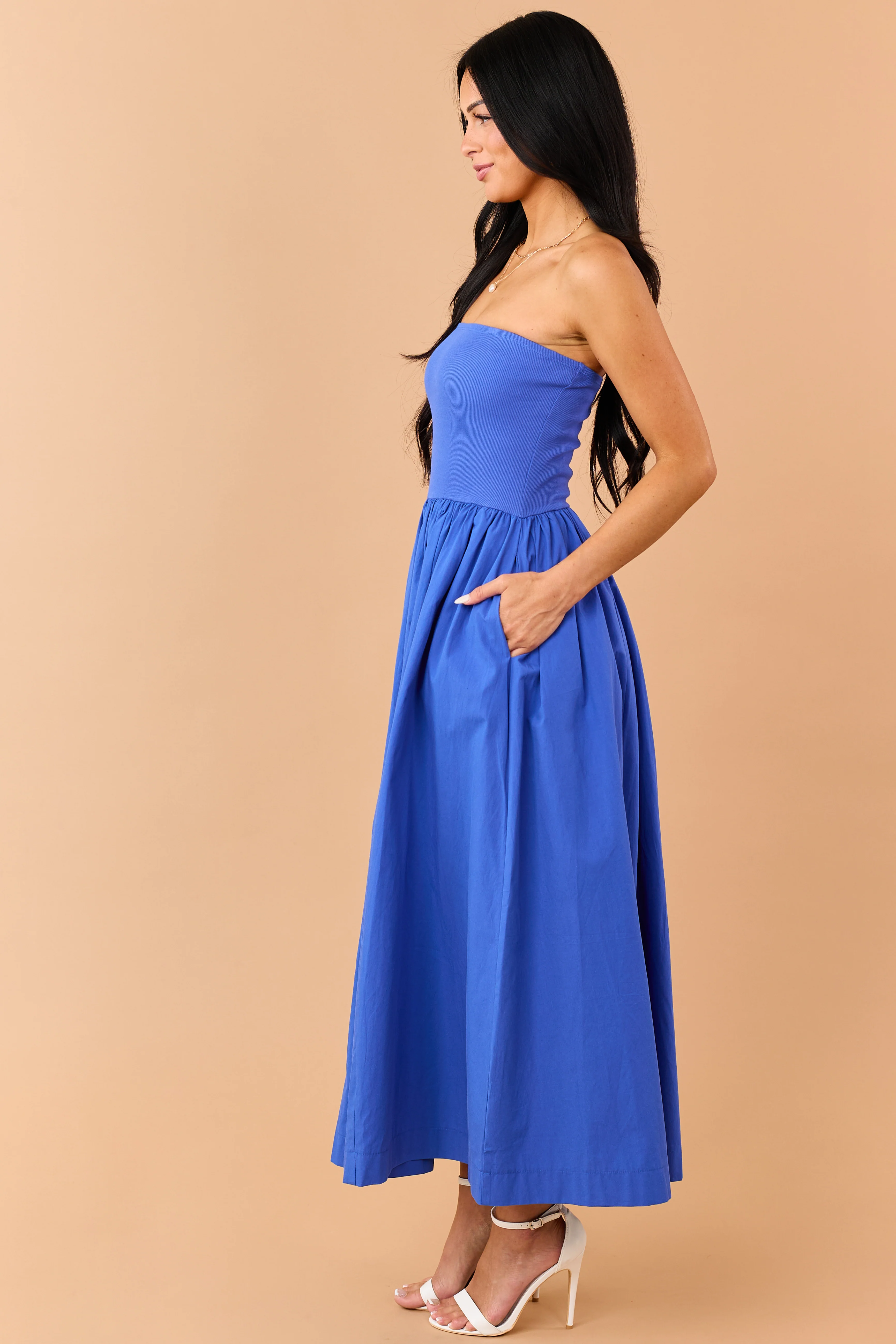 Cobalt Strapless Knit Contrast Cotton Maxi Dress - Image 4