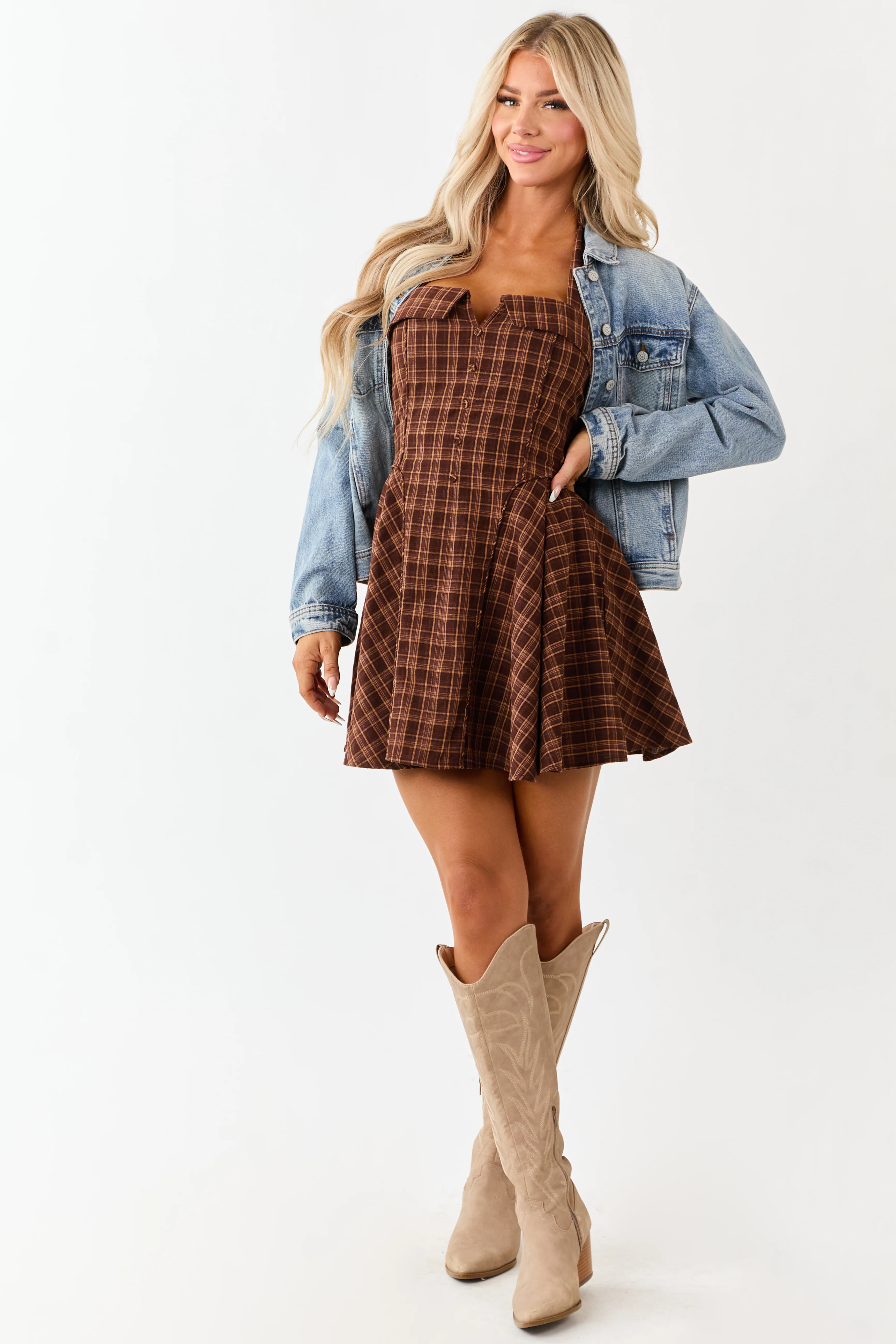 Cocoa Cotton Plaid Halter Neck Tie Mini Dress - Image 4