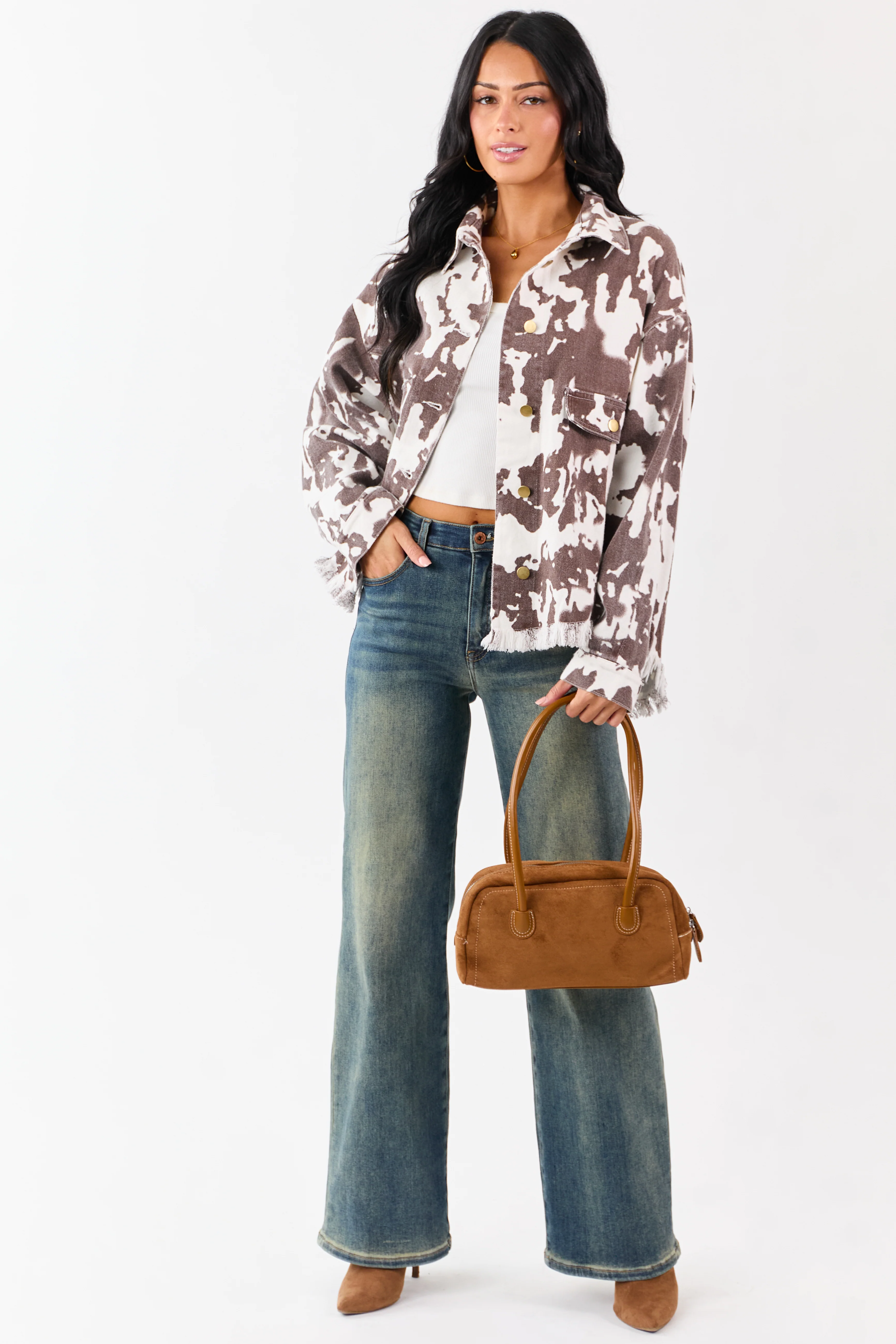 Cocoa Cow Print Denim Fringe Hem Button Down Shacket - Image 4