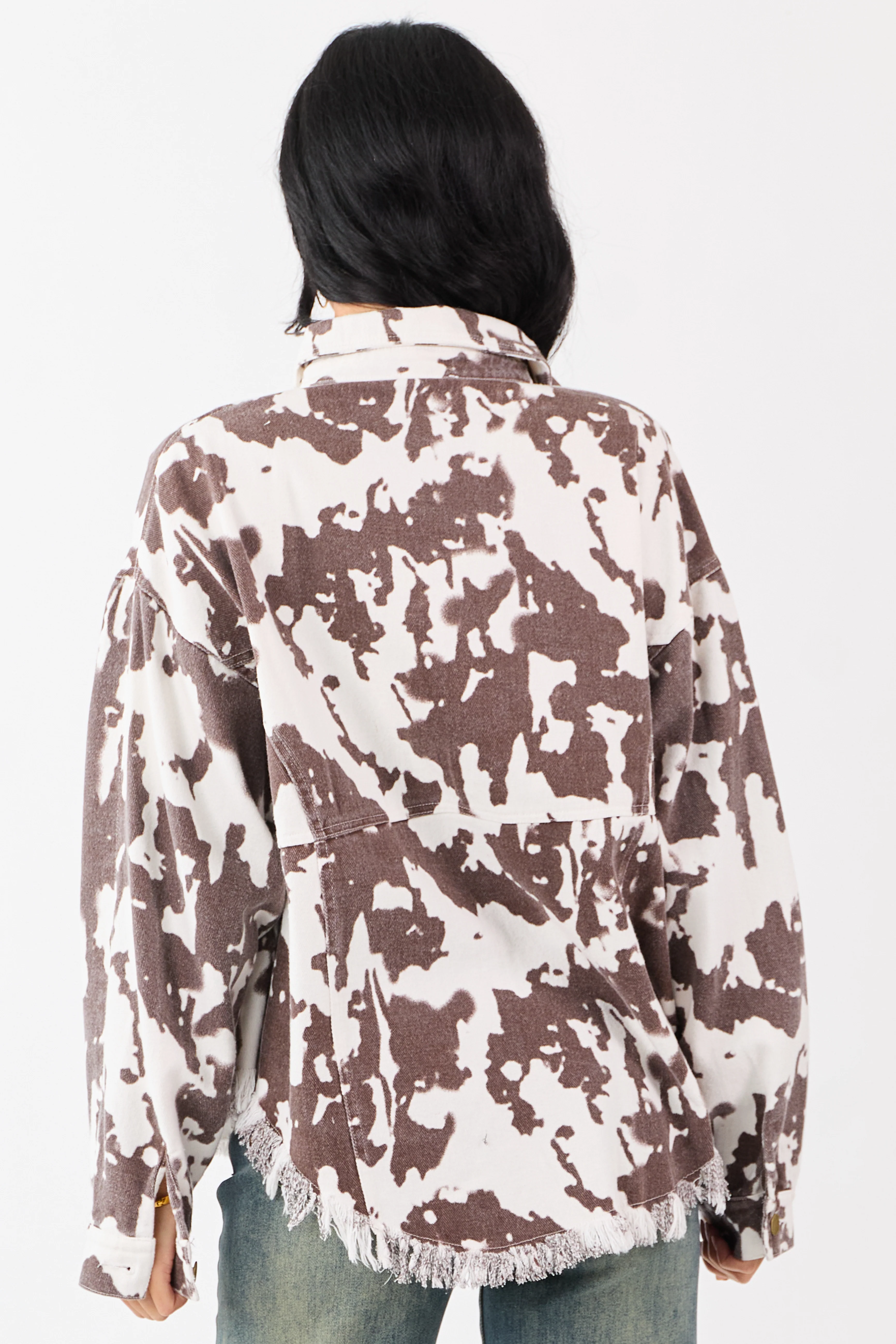 Cocoa Cow Print Denim Fringe Hem Button Down Shacket - Image 6