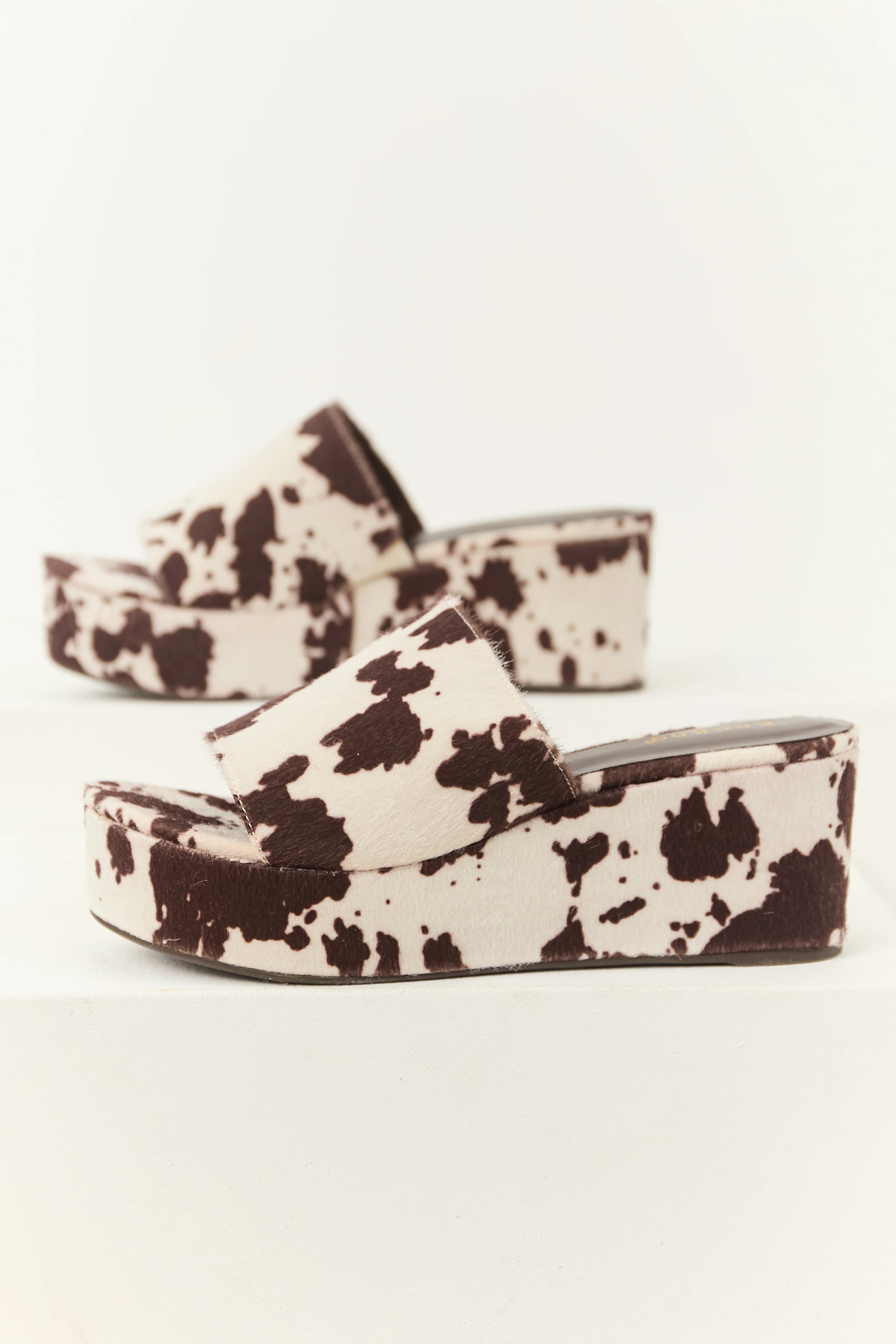 Cocoa Faux Fur Cow Print Slip On Open Toe Wedges - Image 2