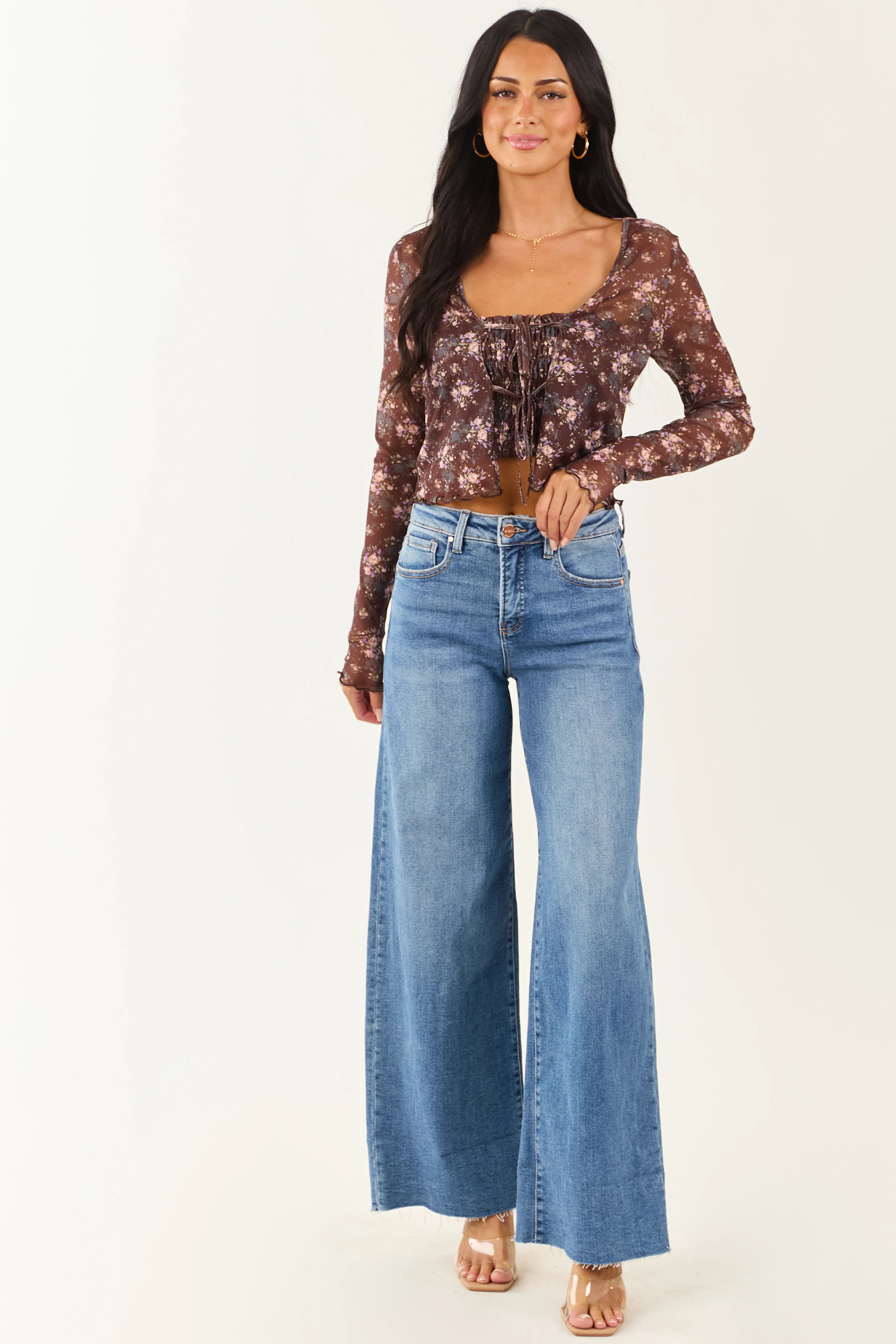 Cocoa Floral Mesh Layered Front Tie Long Sleeve Top - Image 4