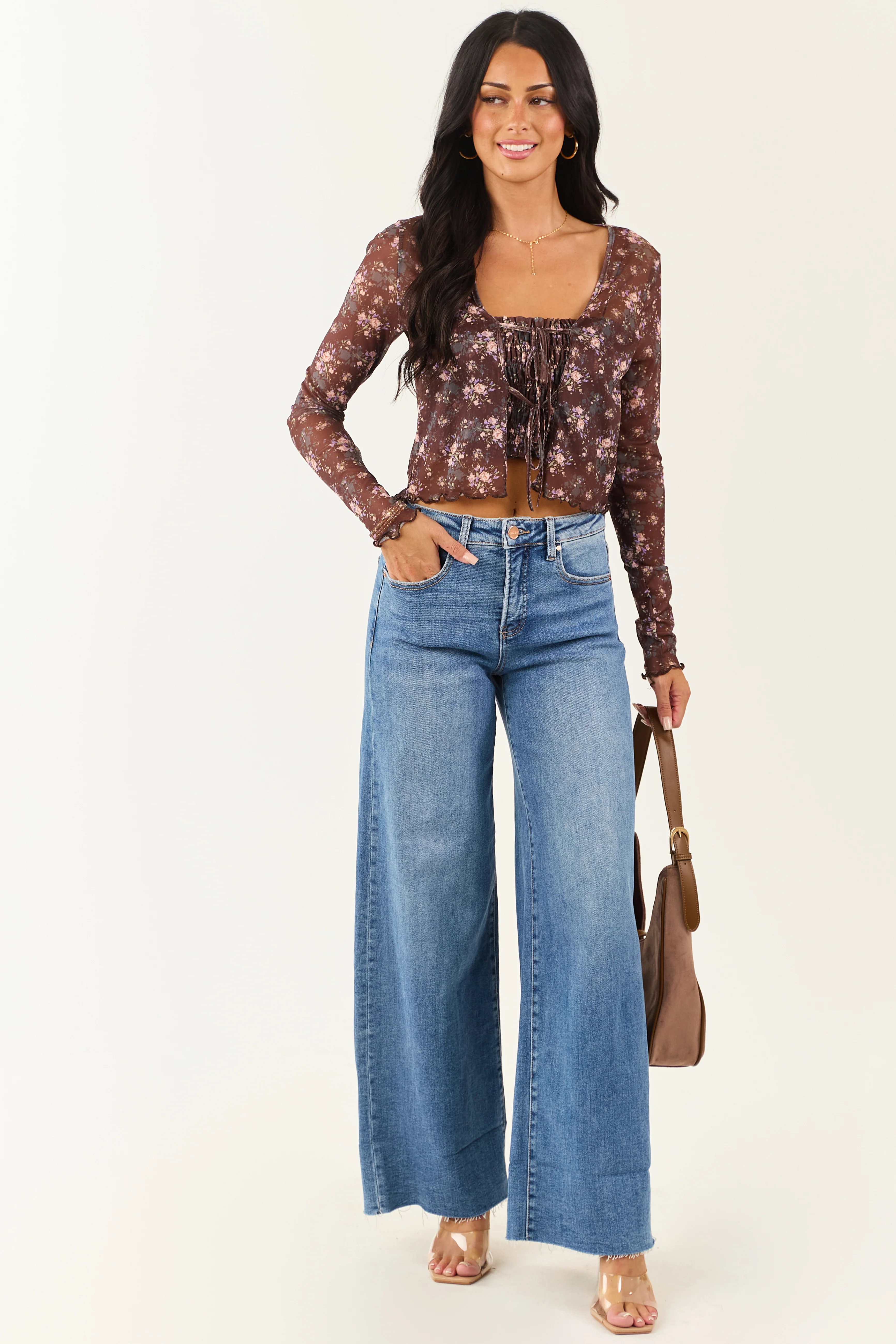 Cocoa Floral Mesh Layered Front Tie Long Sleeve Top - Image 5