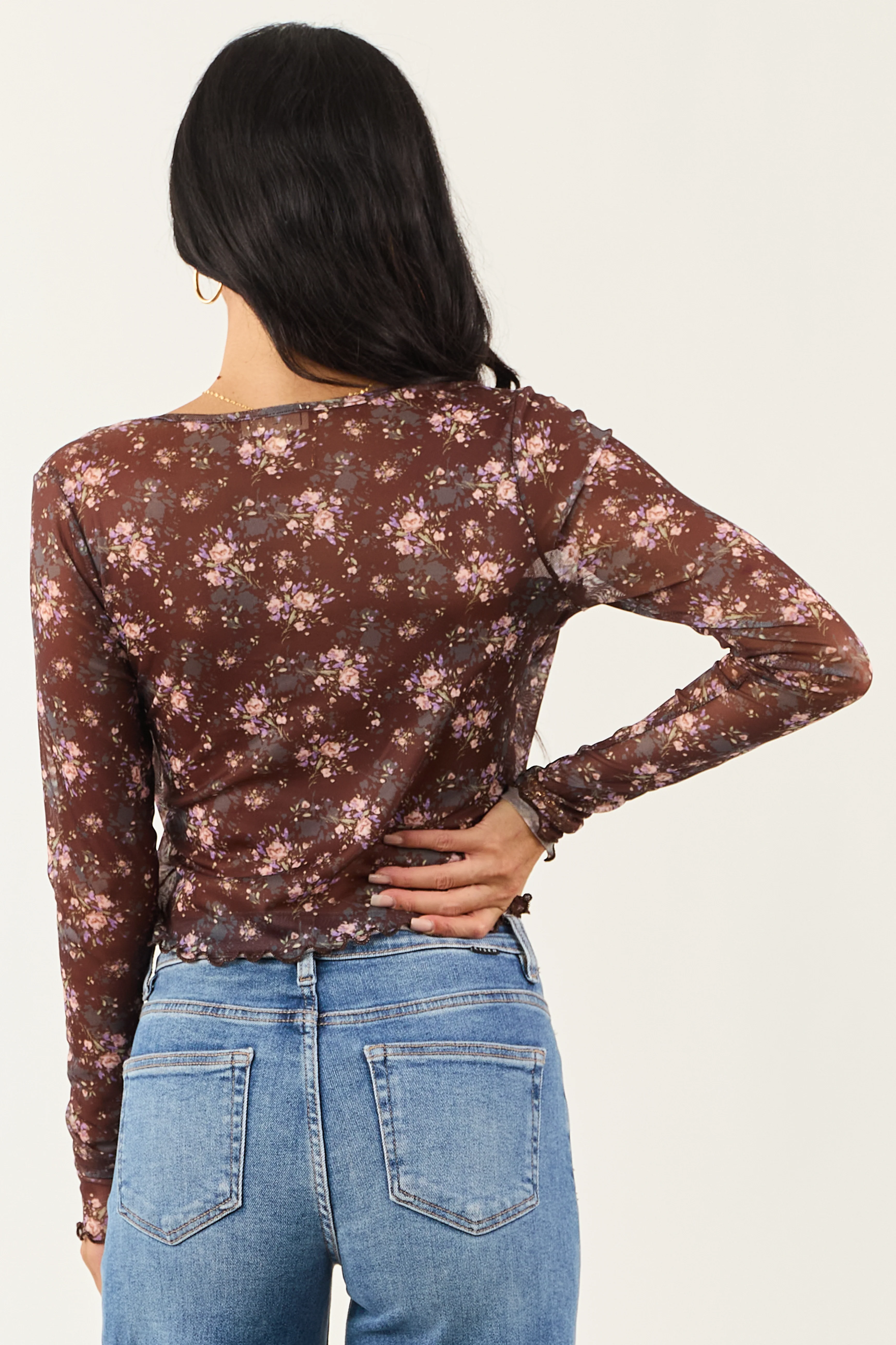 Cocoa Floral Mesh Layered Front Tie Long Sleeve Top - Image 7