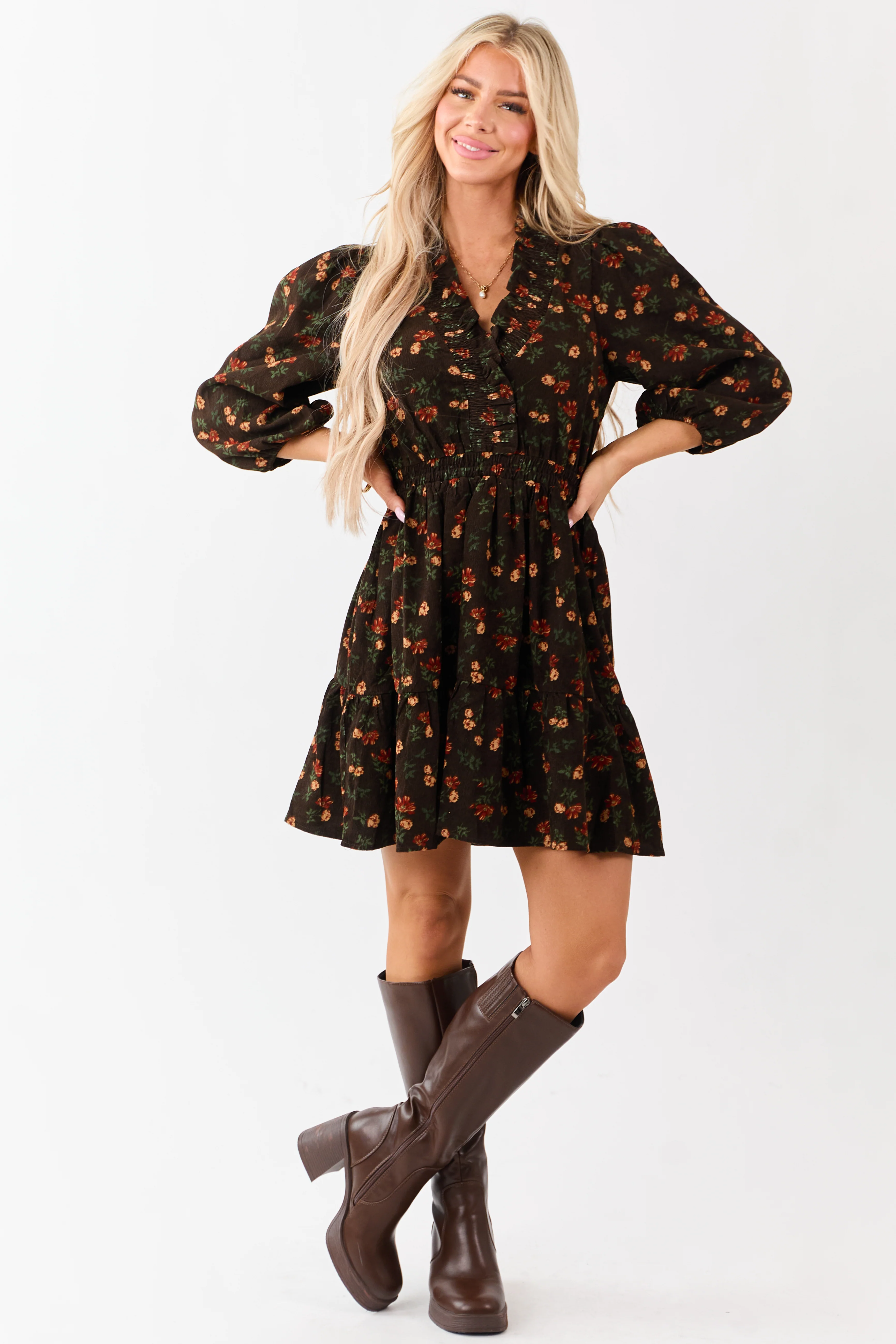 Cocoa Floral Print Ruffle Neckline Corduroy Mini Dress - Image 2