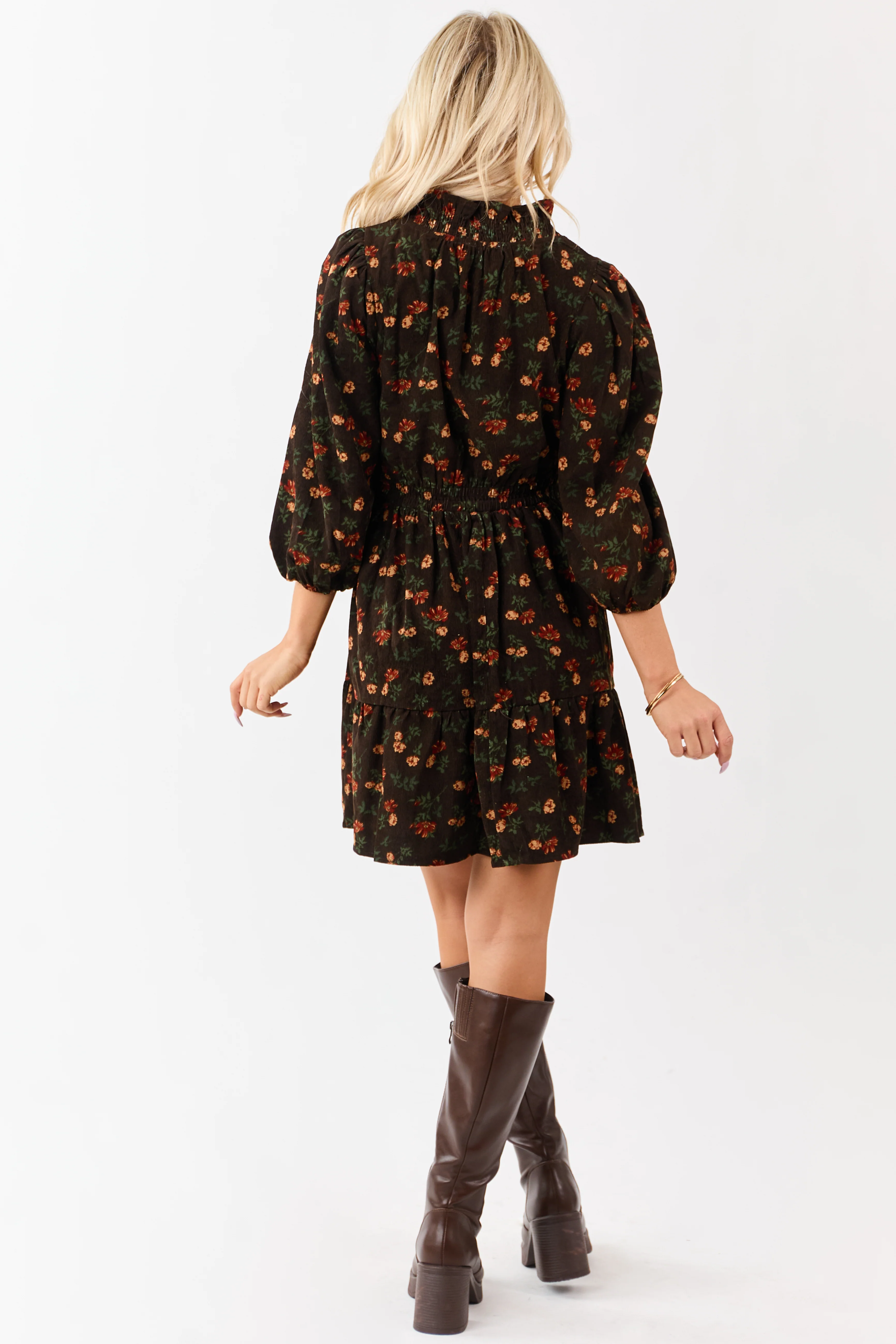 Cocoa Floral Print Ruffle Neckline Corduroy Mini Dress - Image 5