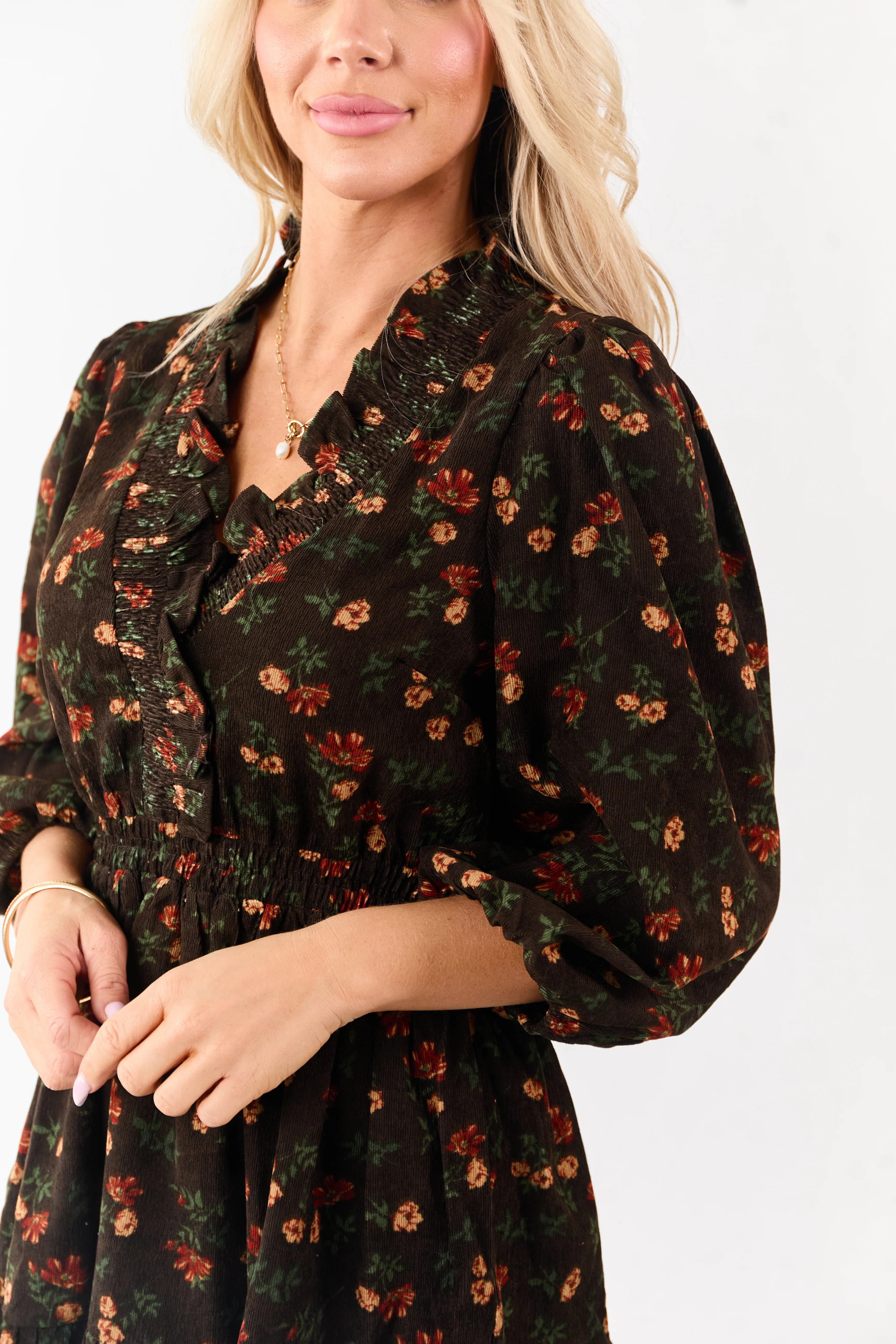 Cocoa Floral Print Ruffle Neckline Corduroy Mini Dress - Image 6
