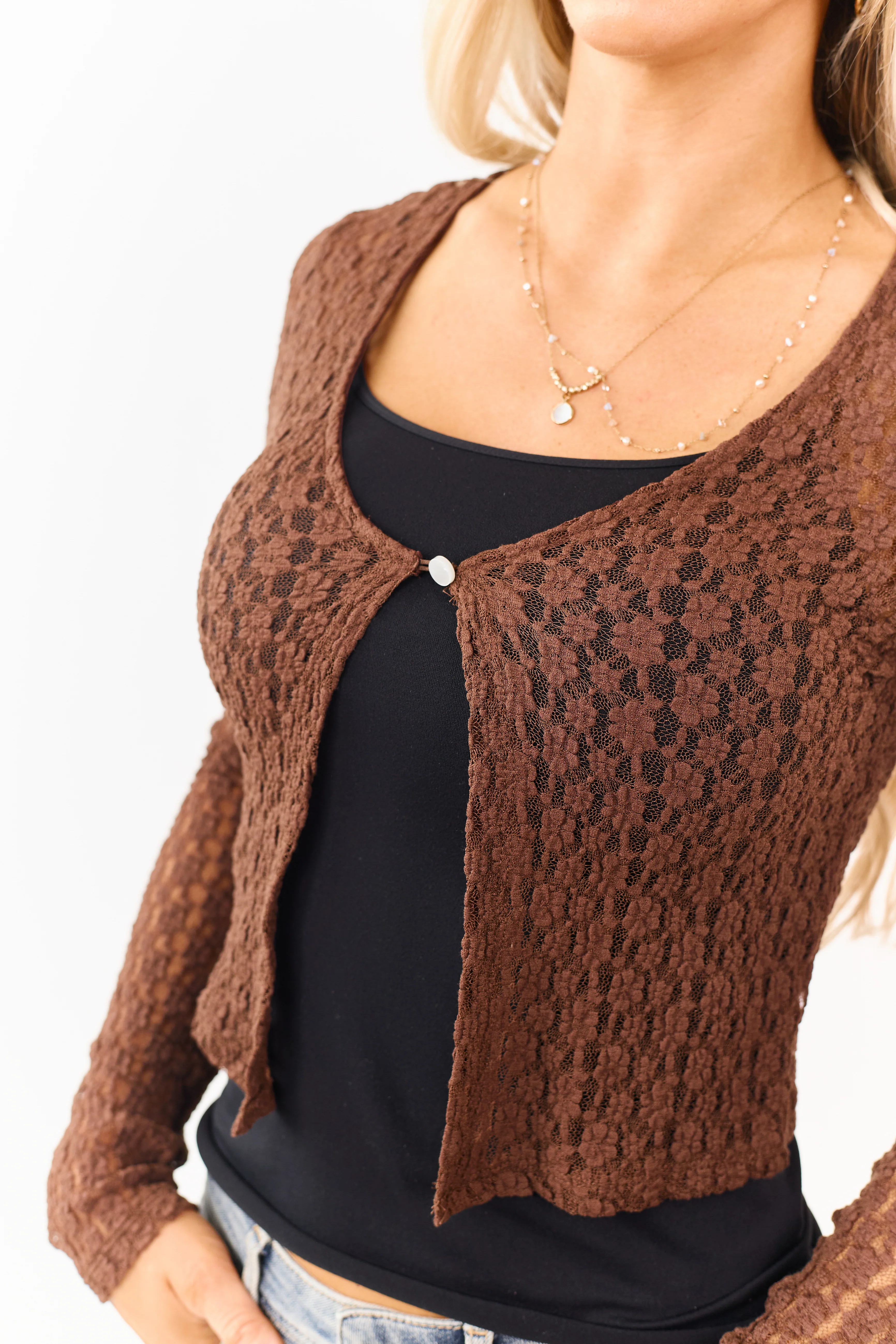 Cocoa Floral Sheer Lace Single Button Cardigan Top - Image 6