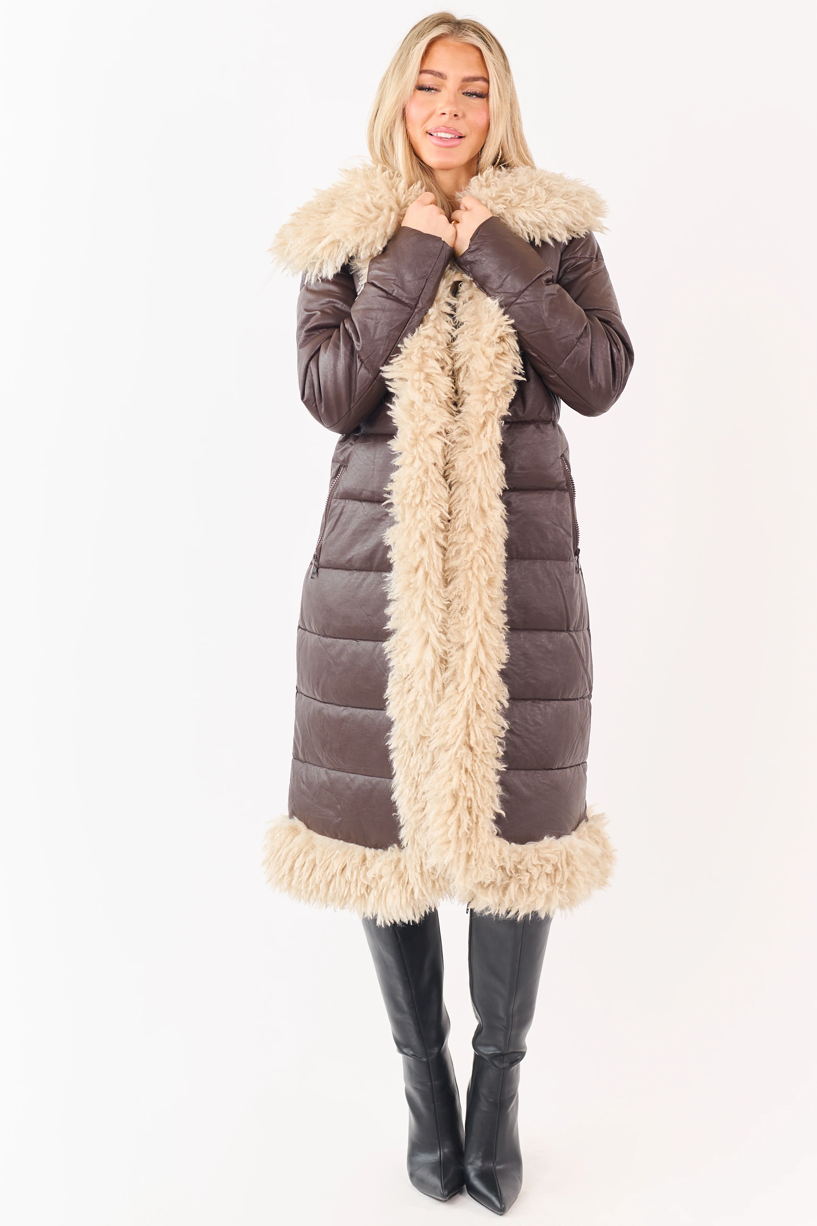 Cocoa Longline Puffer Coat with Contrast Fur Trim - Image 5