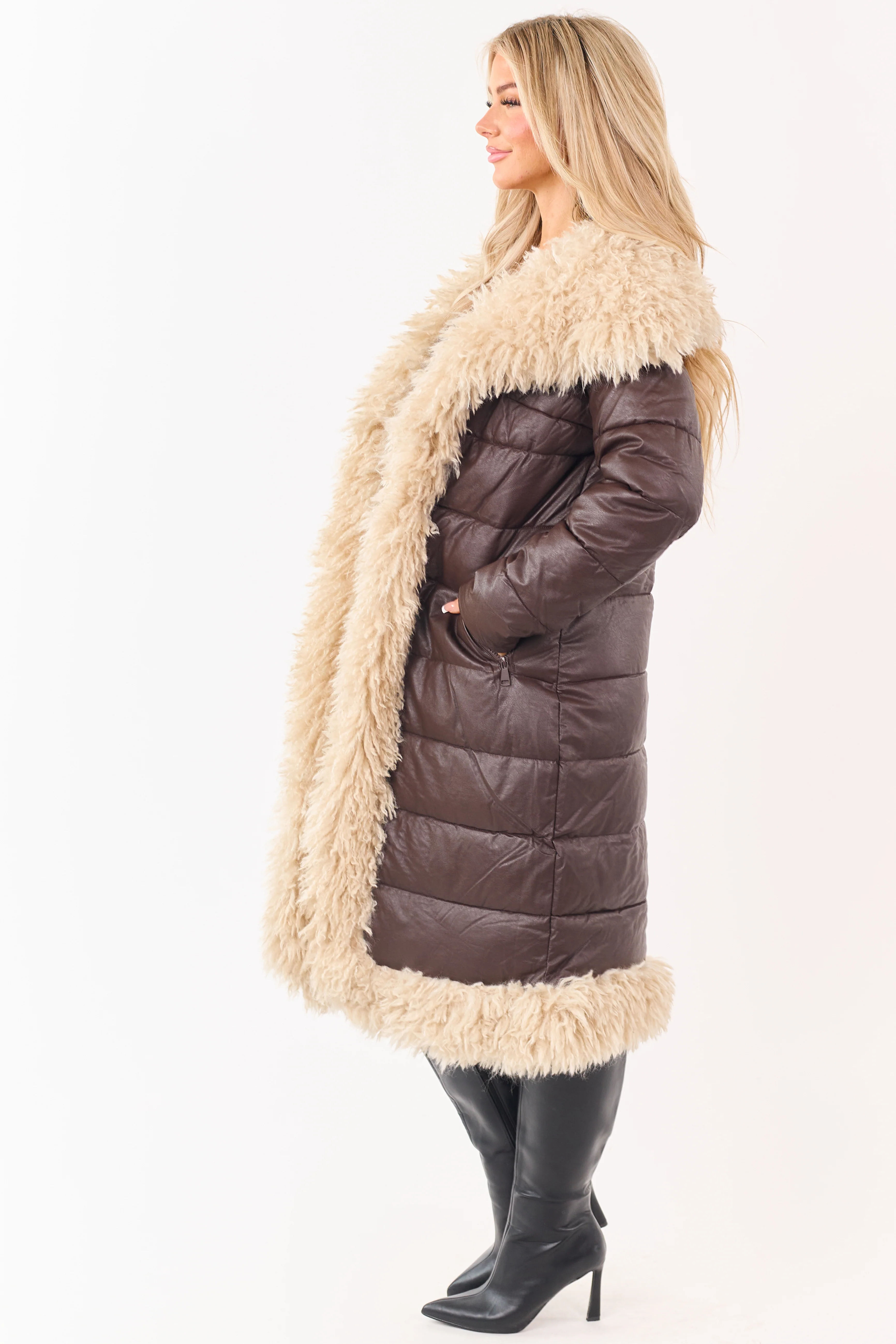 Cocoa Longline Puffer Coat with Contrast Fur Trim - Image 6