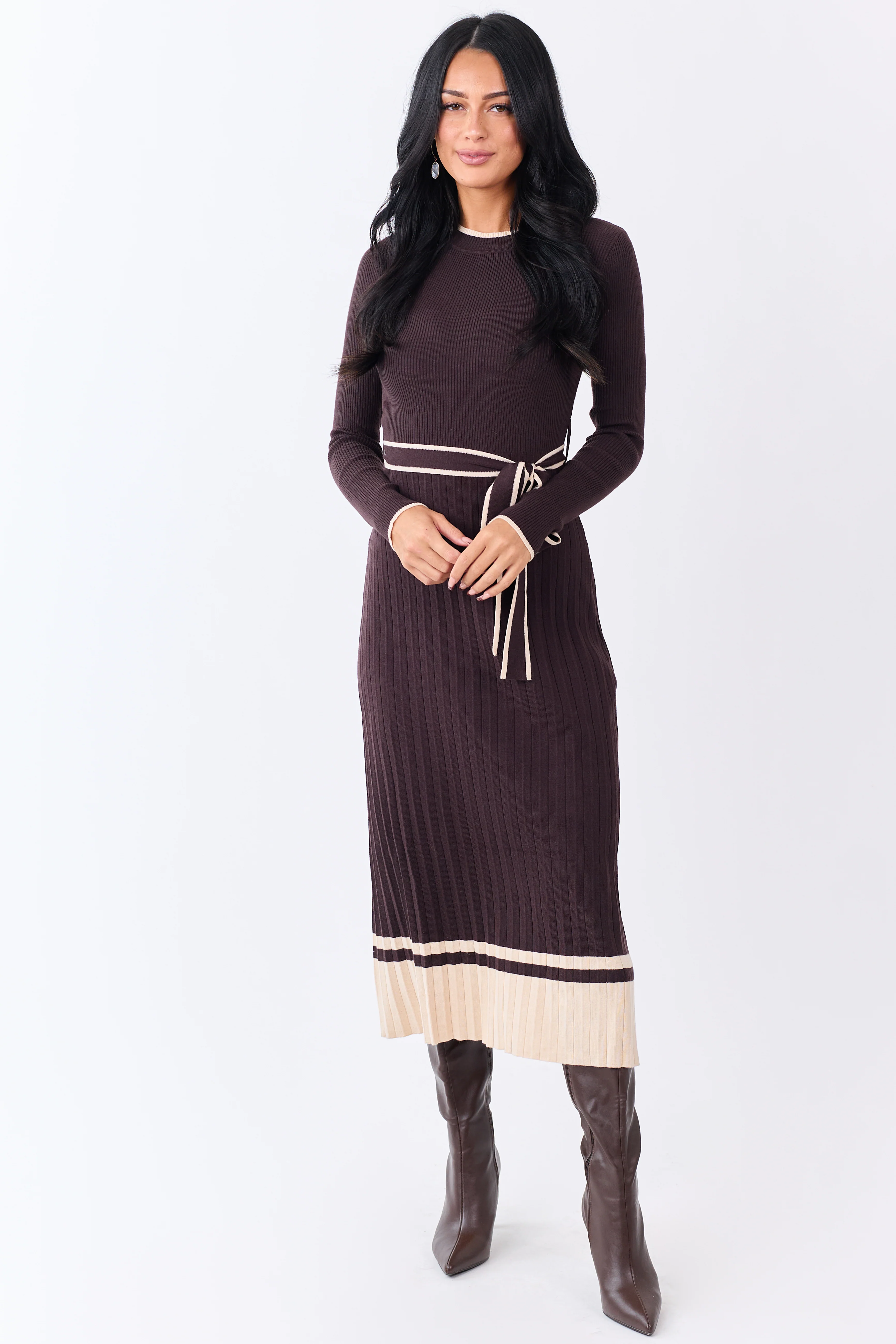 Cocoa Rib Knit Waist Tie Sweater Midi Dress - Image 2