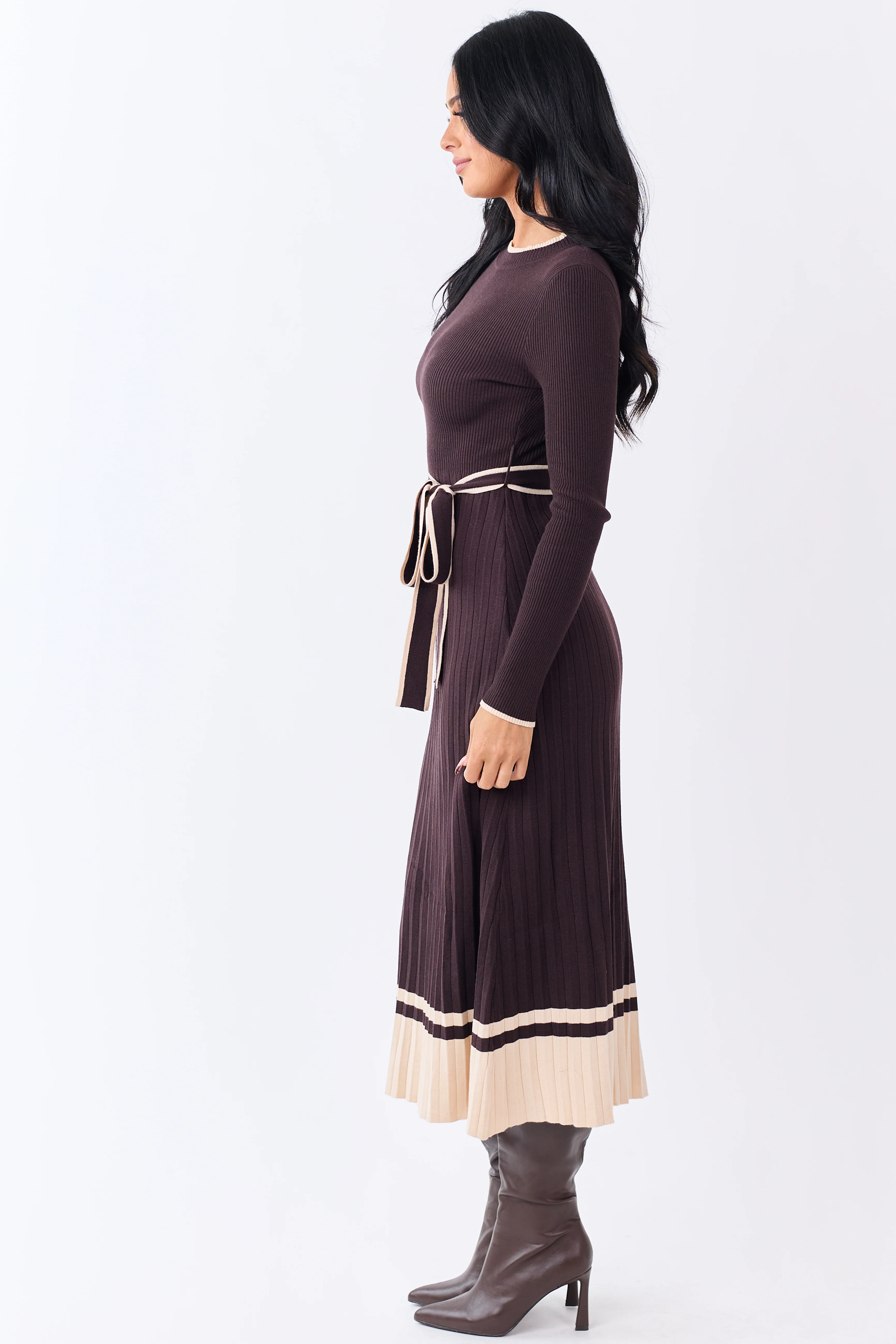 Cocoa Rib Knit Waist Tie Sweater Midi Dress - Image 4