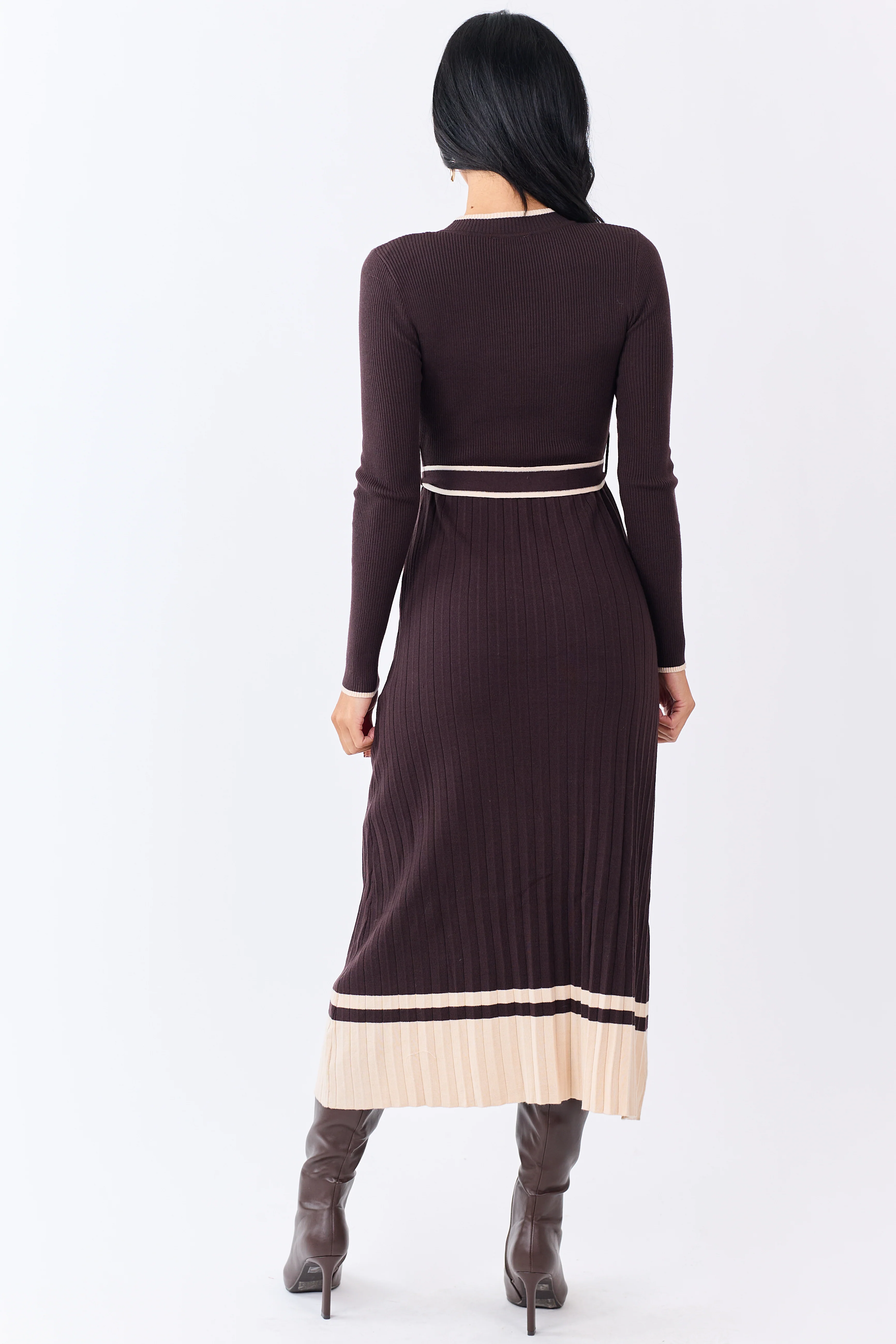 Cocoa Rib Knit Waist Tie Sweater Midi Dress - Image 5