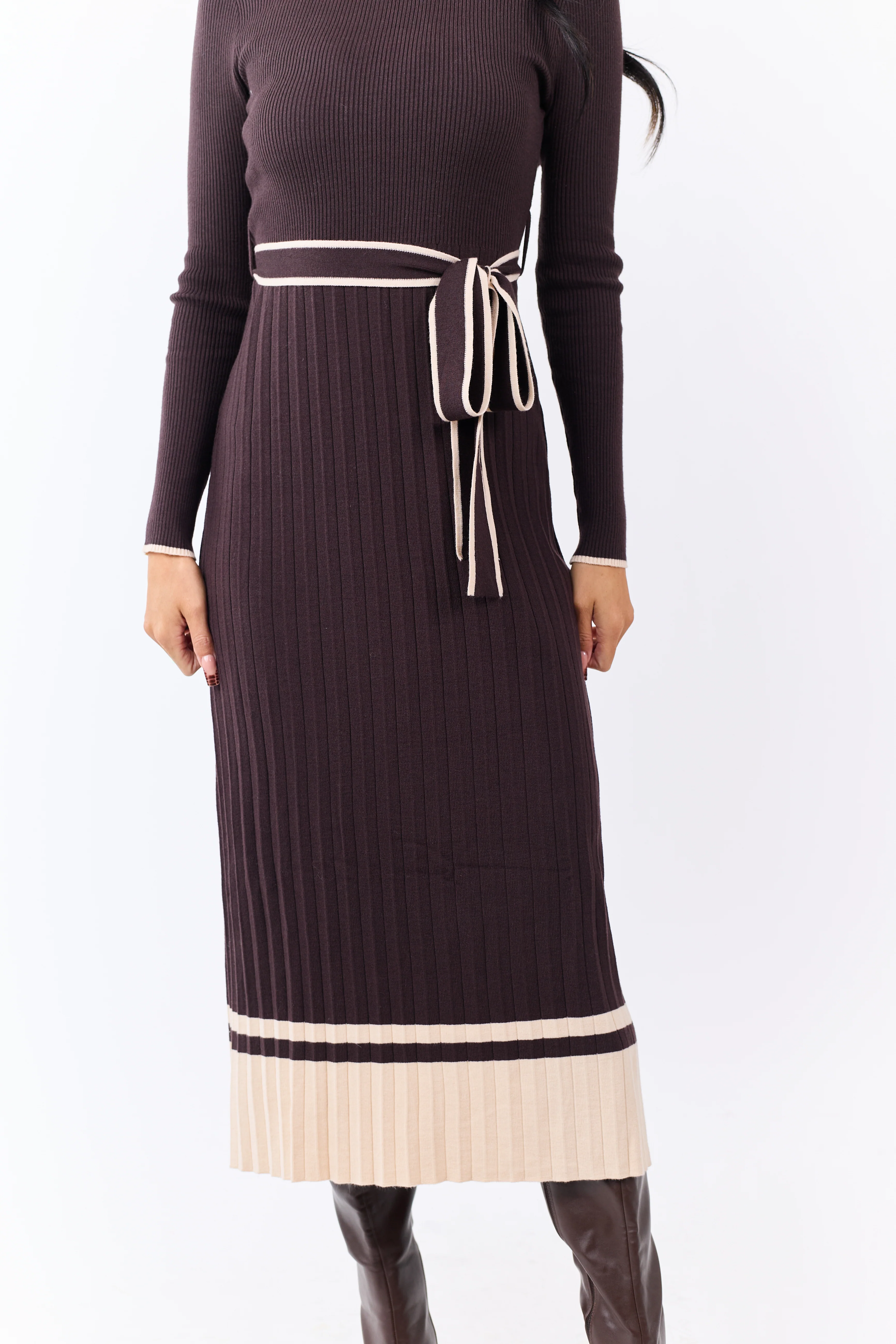 Cocoa Rib Knit Waist Tie Sweater Midi Dress - Image 6