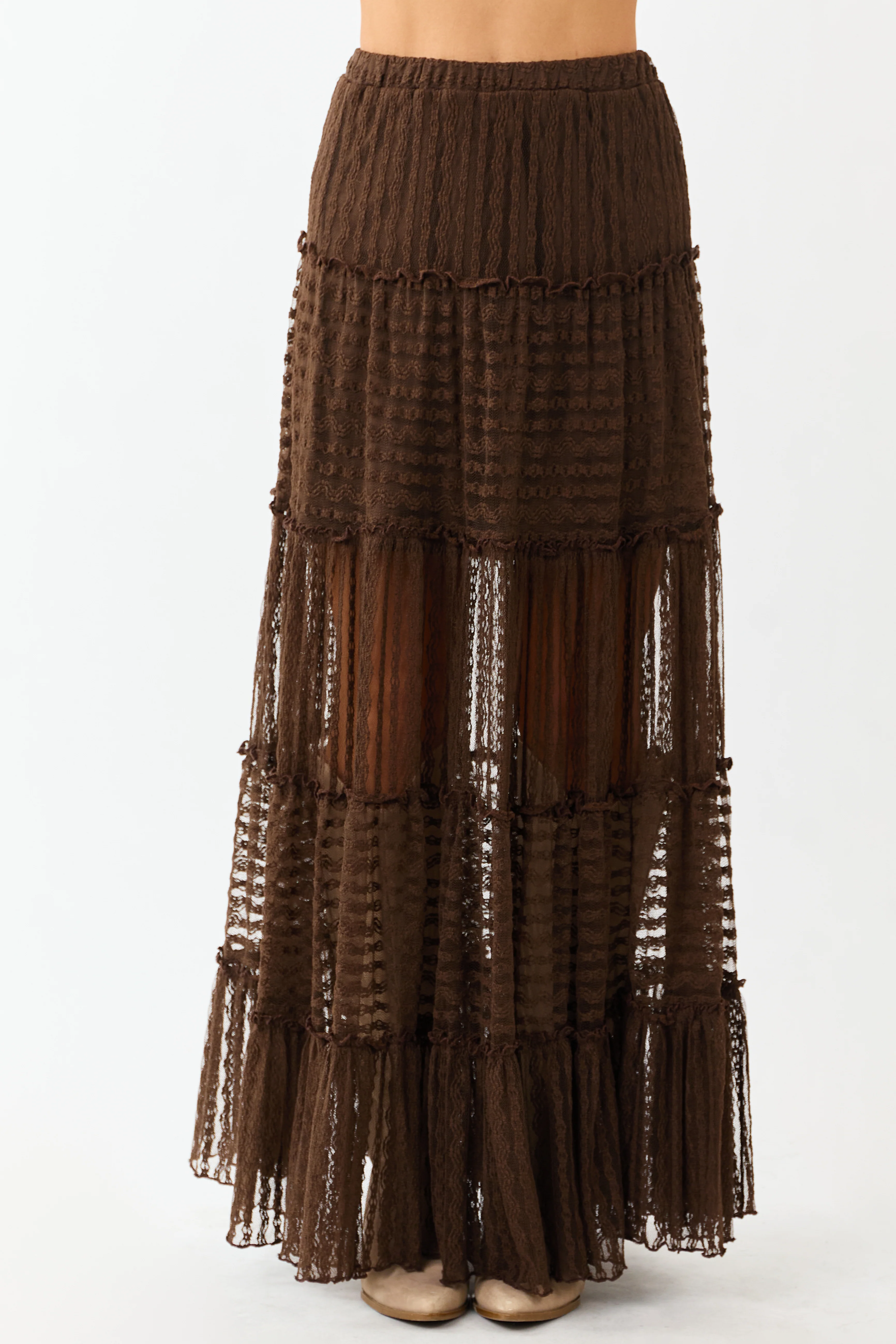 Cocoa Tiered Frill Lace Flowy Maxi Skirt - Image 3