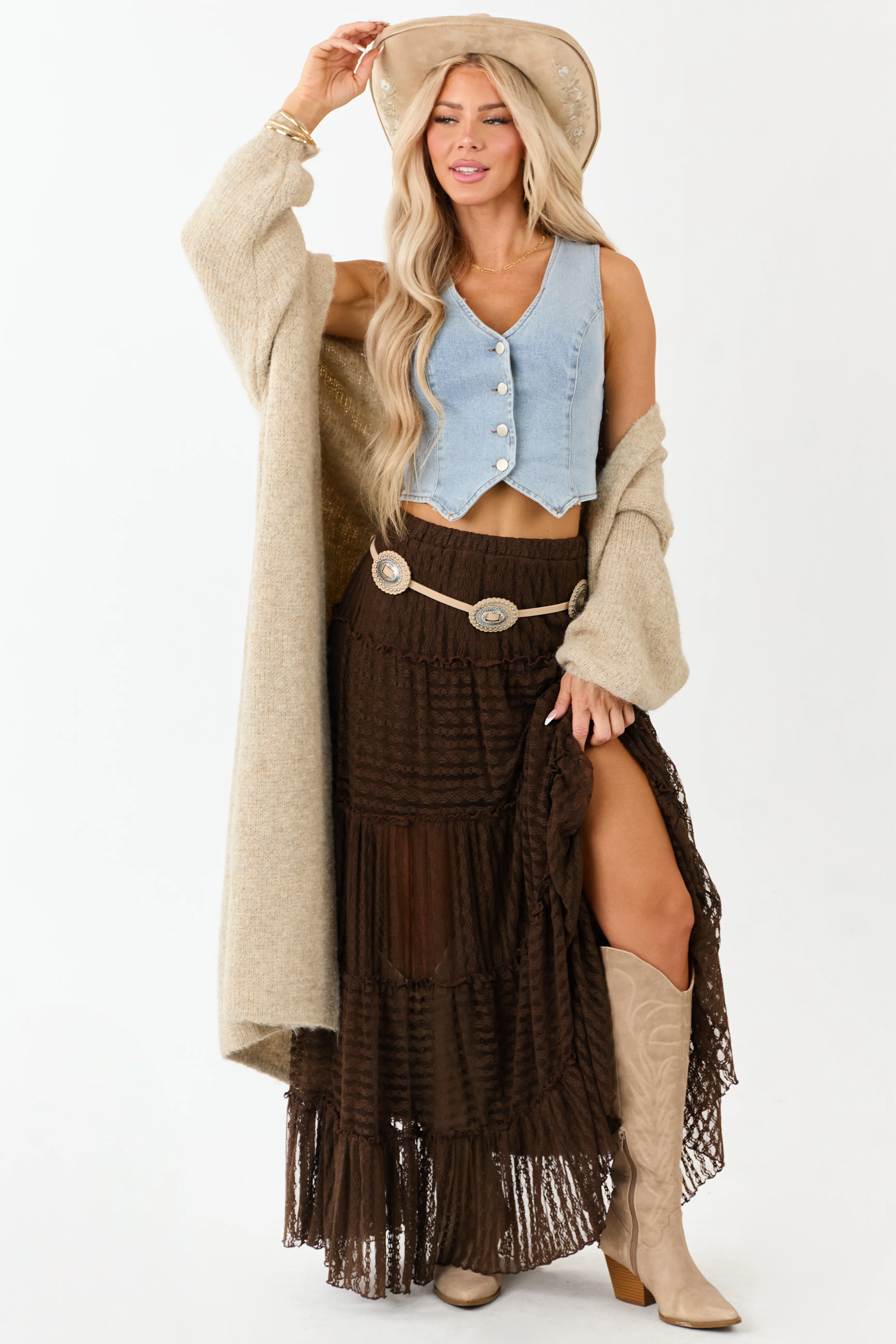 Cocoa Tiered Frill Lace Flowy Maxi Skirt - Image 8