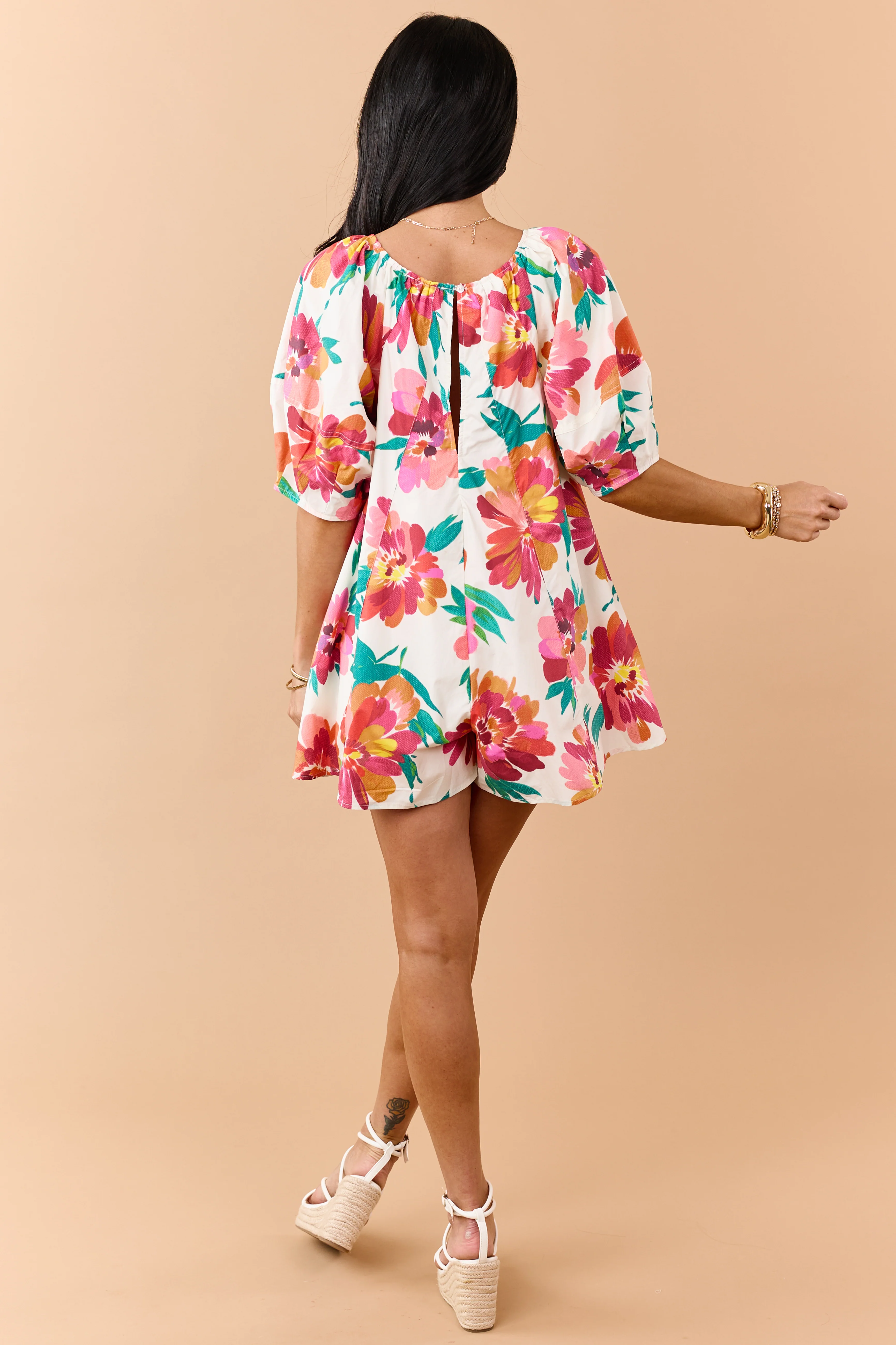 Coconut Cotton Floral Print Puff Sleeve Romper - Image 4