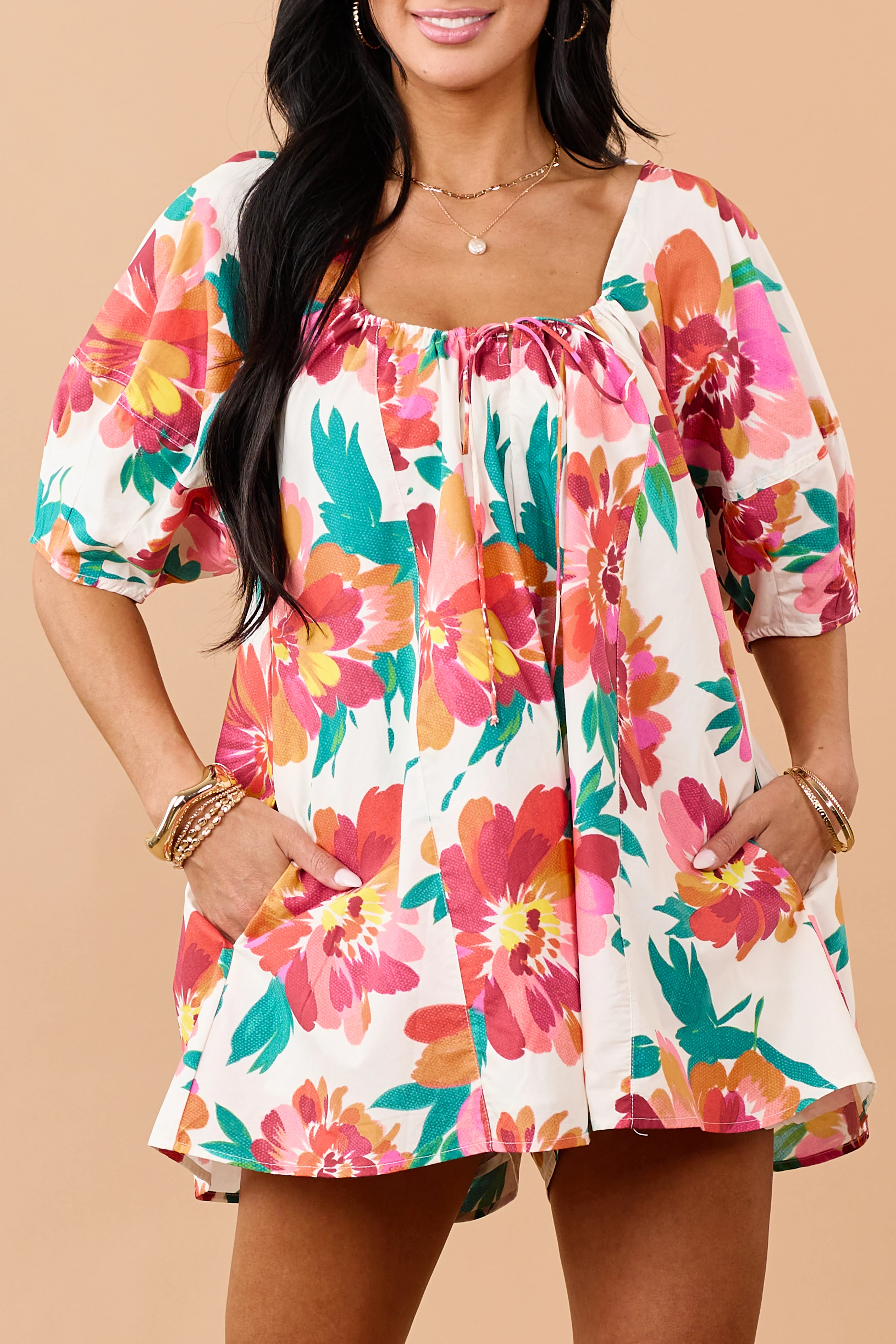 Coconut Cotton Floral Print Puff Sleeve Romper - Image 5