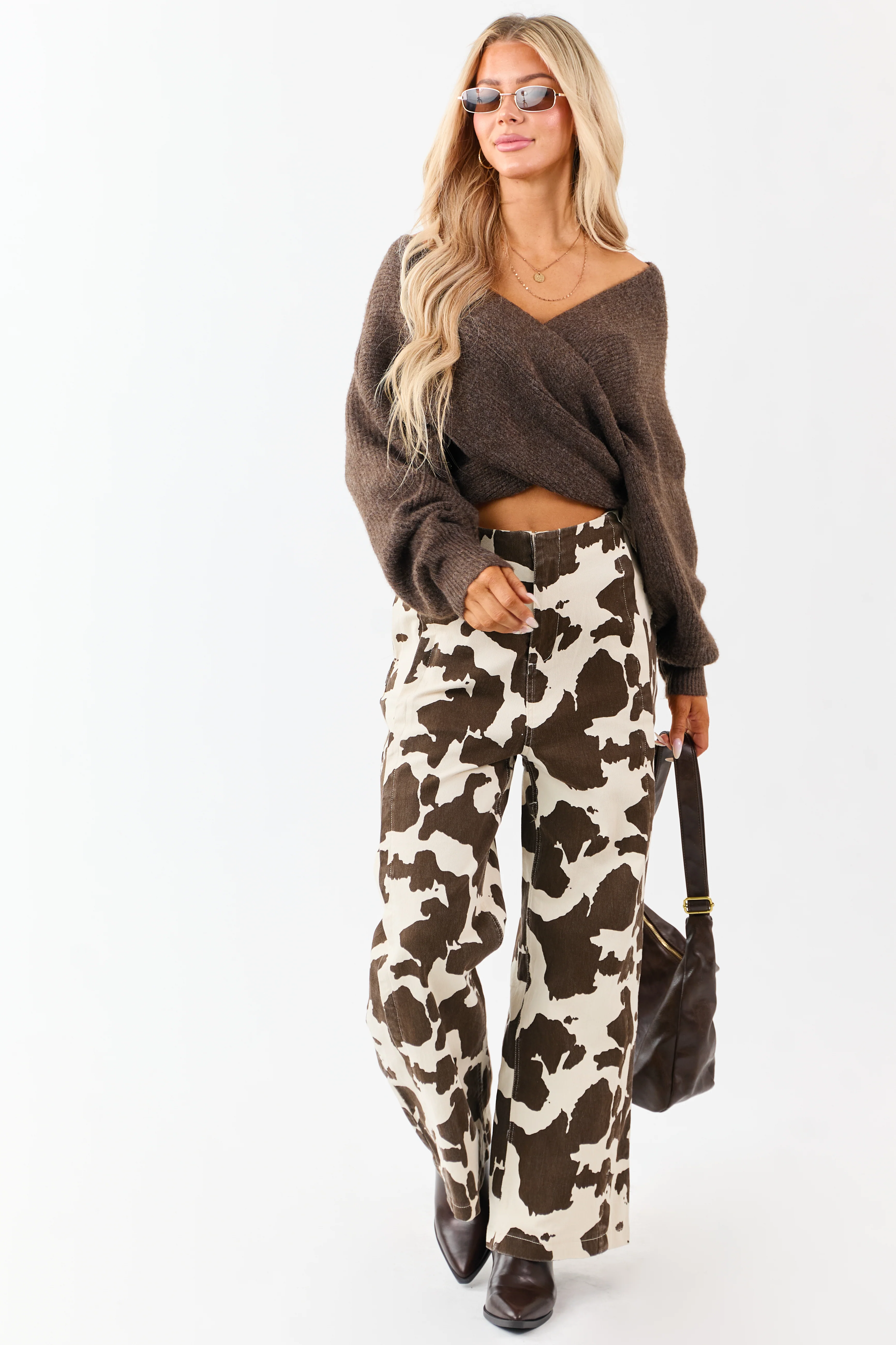 Coconut Cow Print Elastic Waist Wide Leg Denim Pants - Image 2