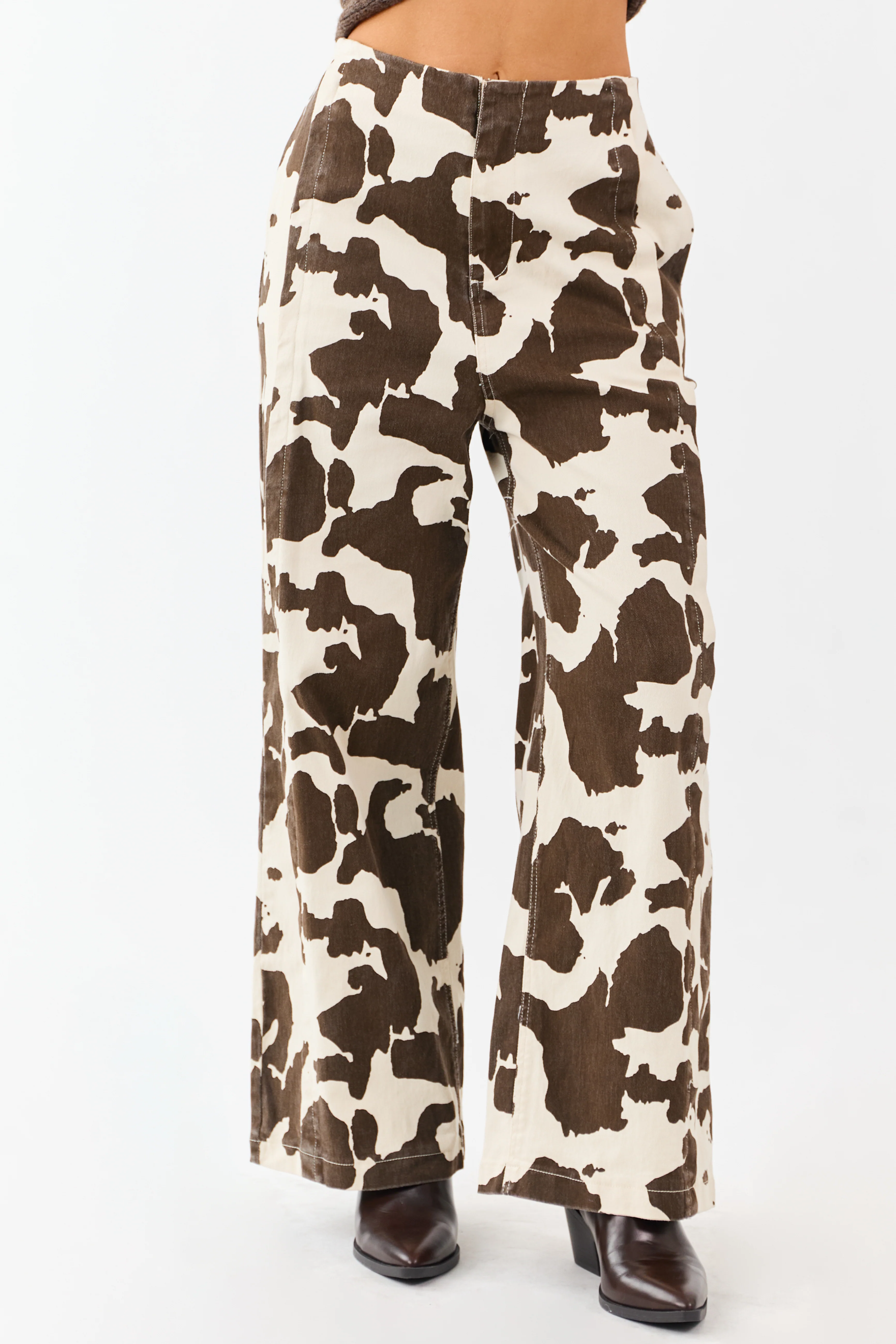 Coconut Cow Print Elastic Waist Wide Leg Denim Pants - Image 3
