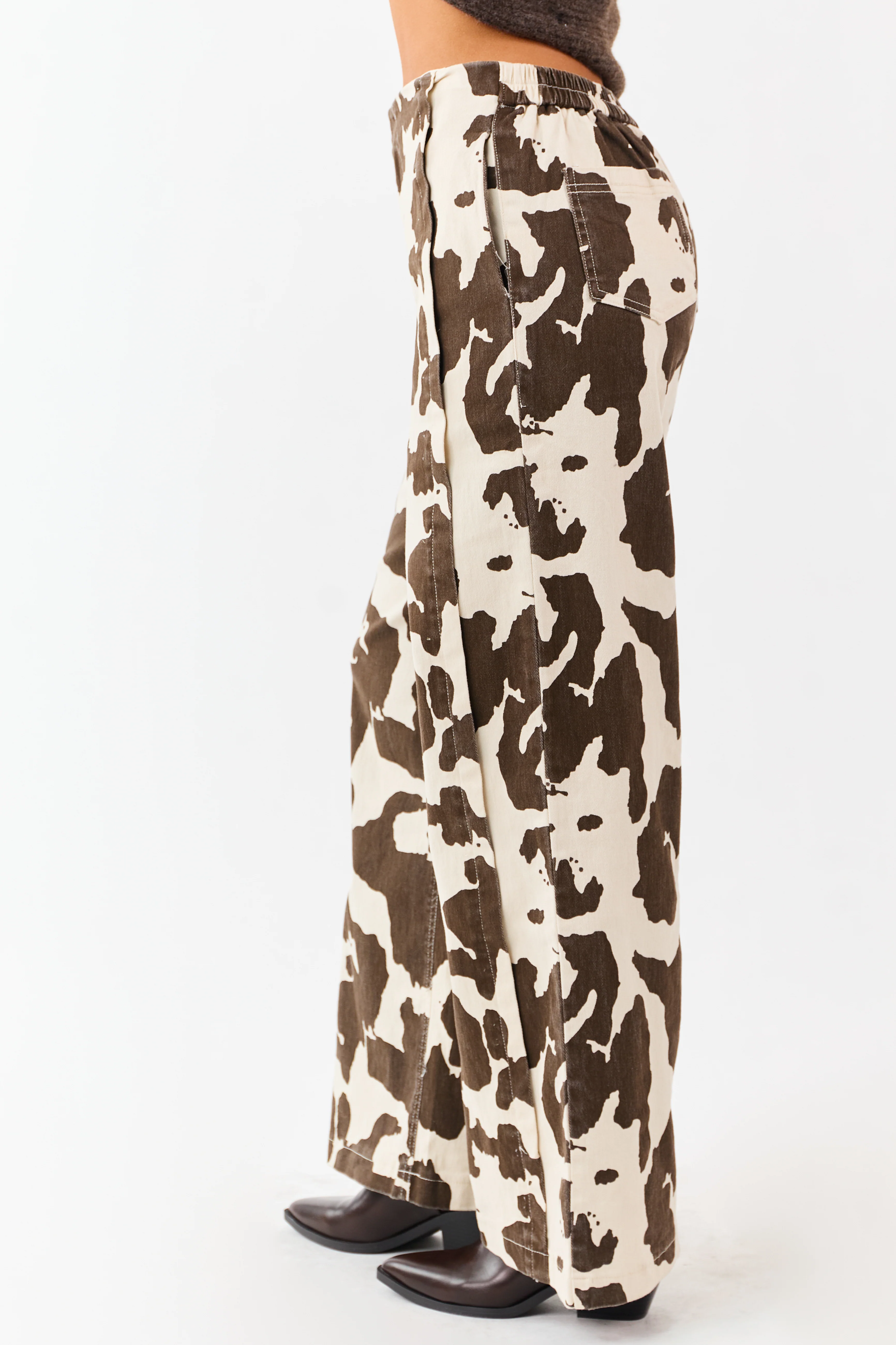 Coconut Cow Print Elastic Waist Wide Leg Denim Pants - Image 4