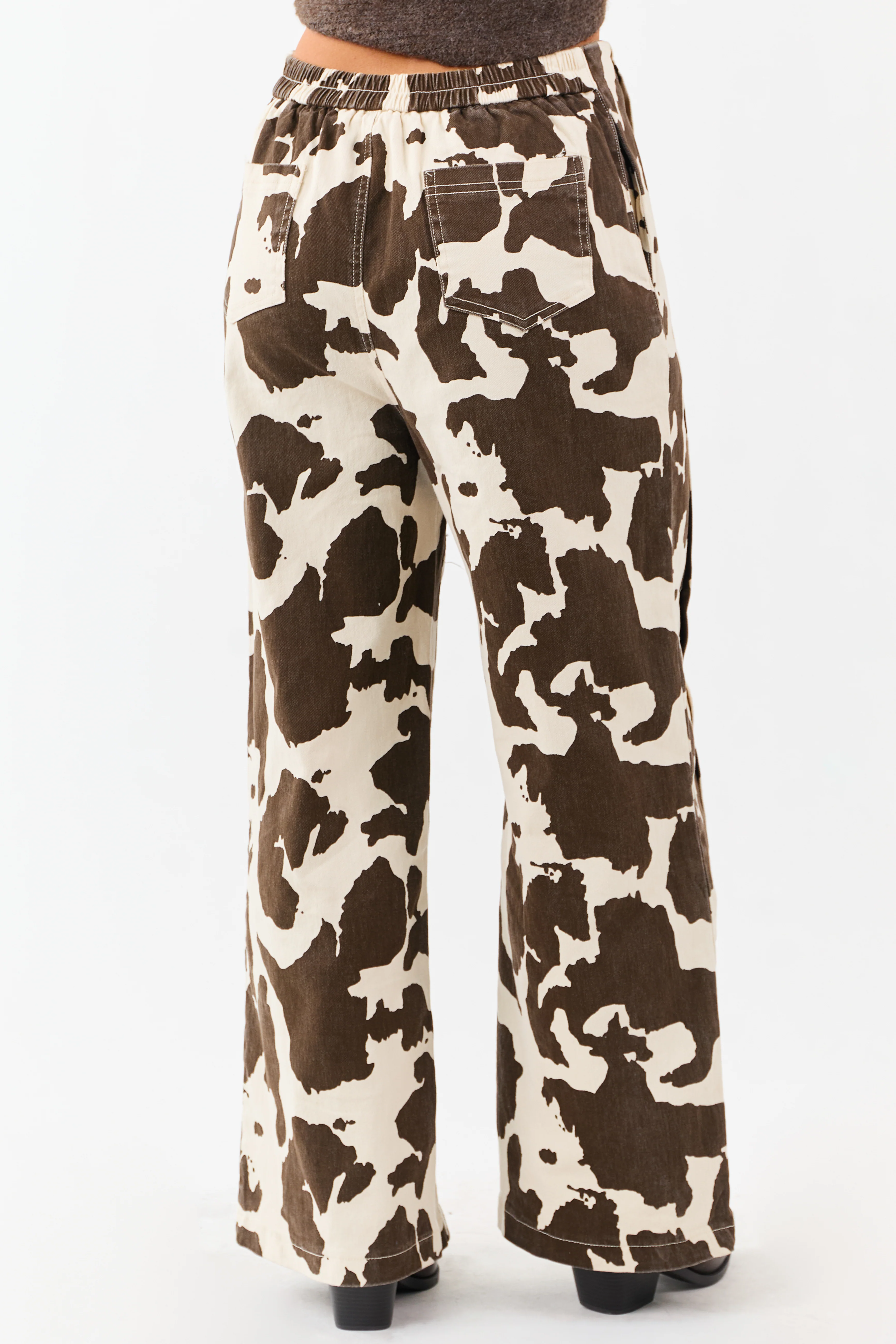 Coconut Cow Print Elastic Waist Wide Leg Denim Pants - Image 5