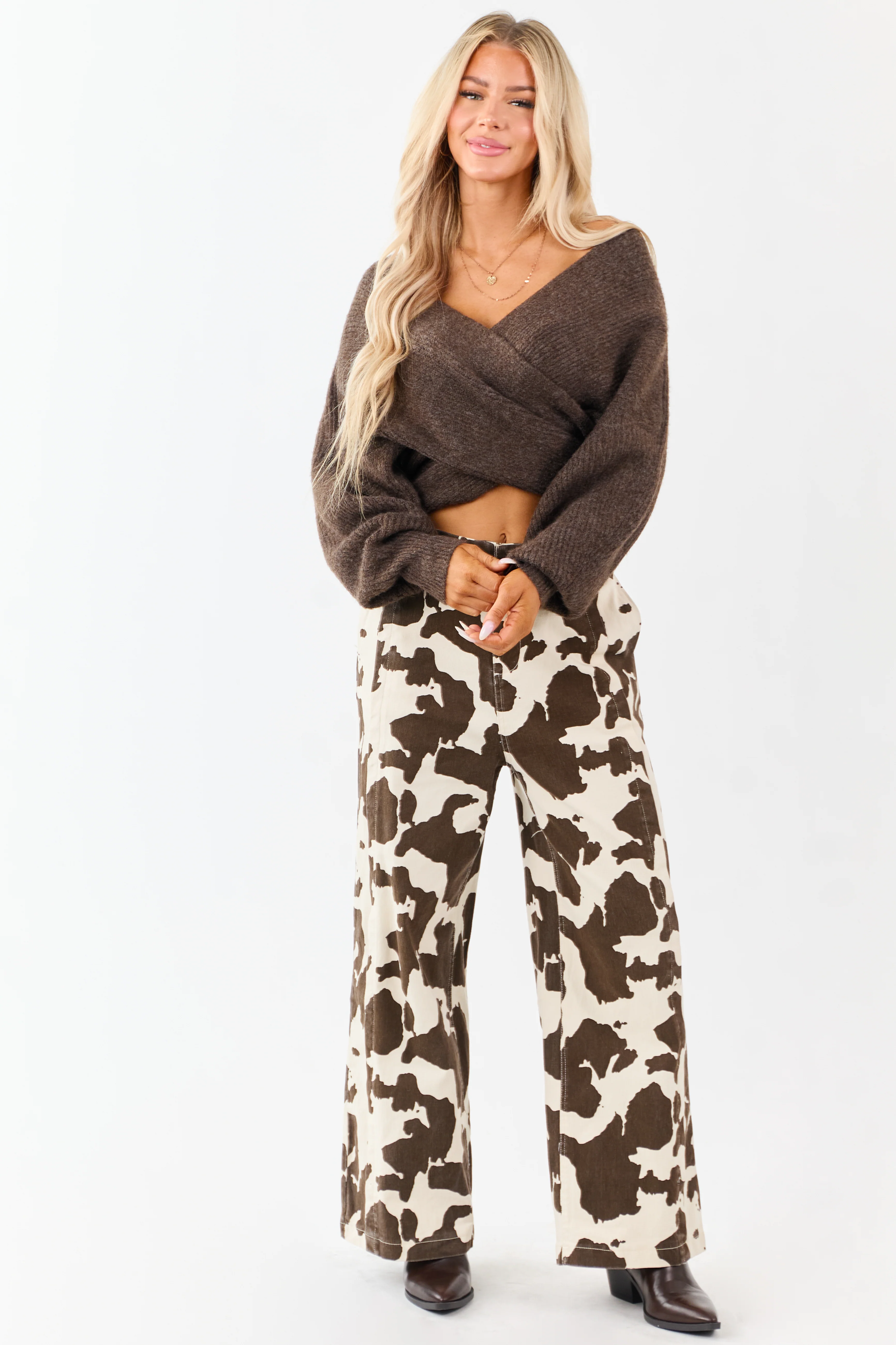 Coconut Cow Print Elastic Waist Wide Leg Denim Pants - Image 6