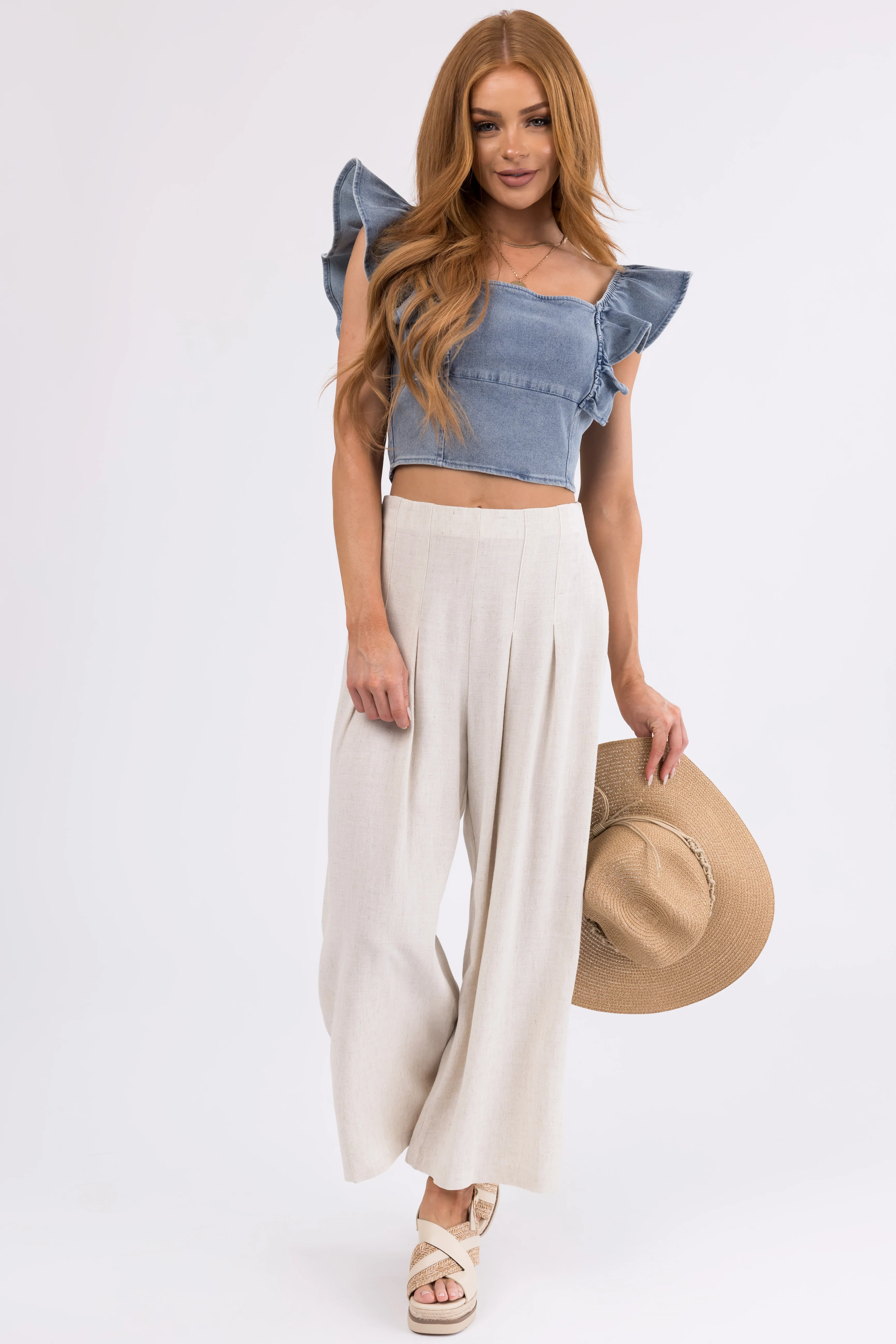 Coconut Pleated Cropped Palazzo Pants - Image 6
