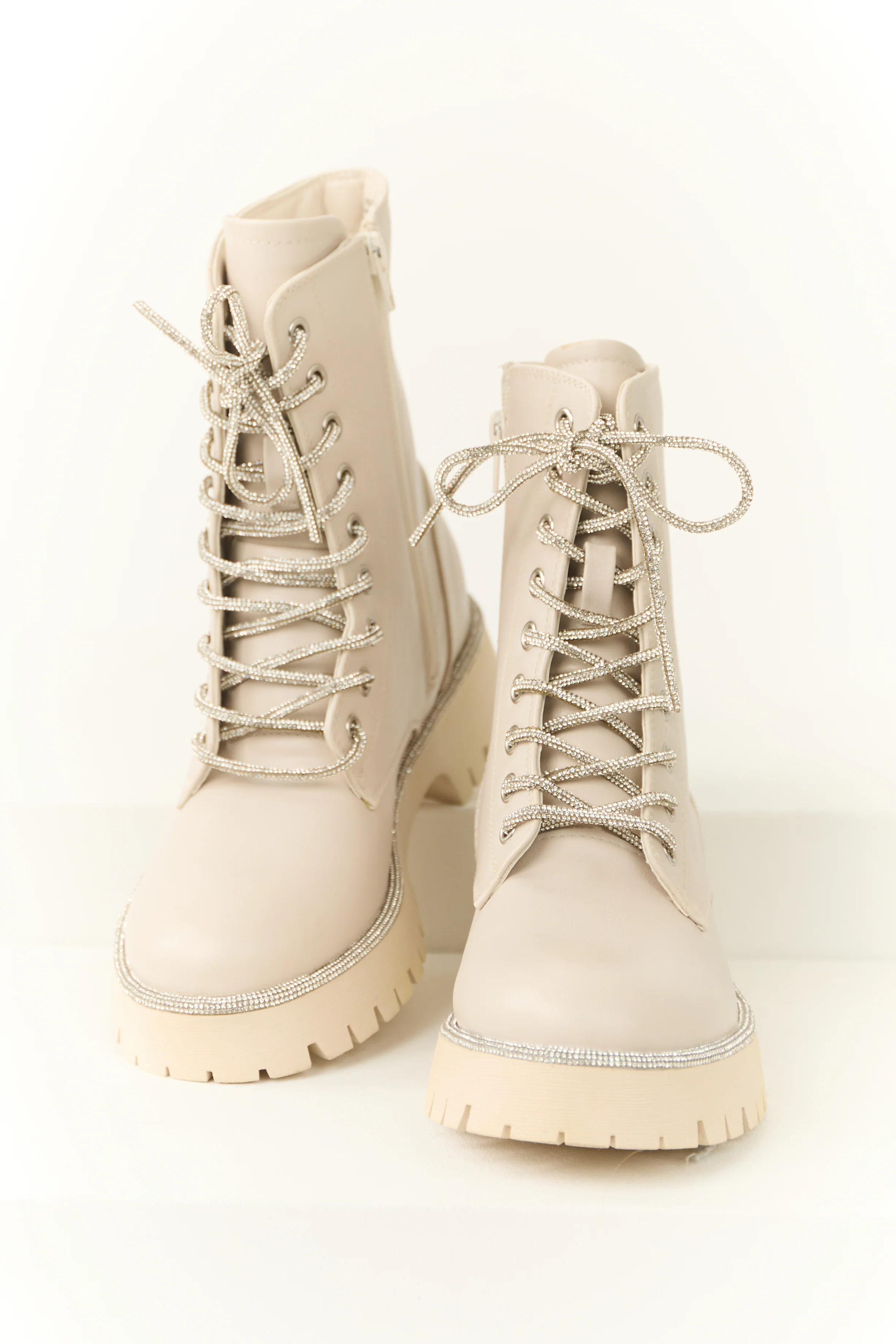 Coconut Rhinestone Detail Platform Combat Boots - Image 2