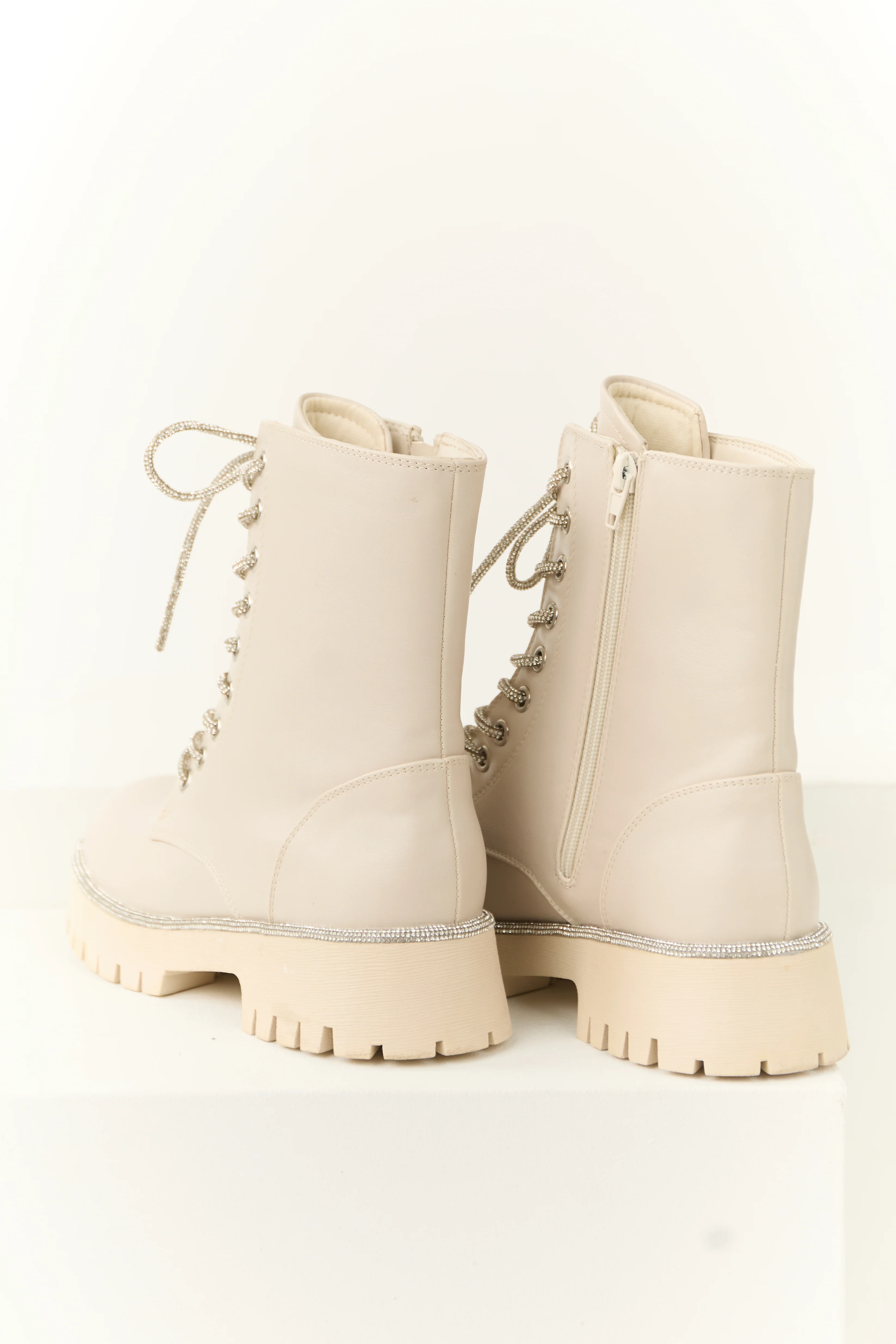 Coconut Rhinestone Detail Platform Combat Boots - Image 3