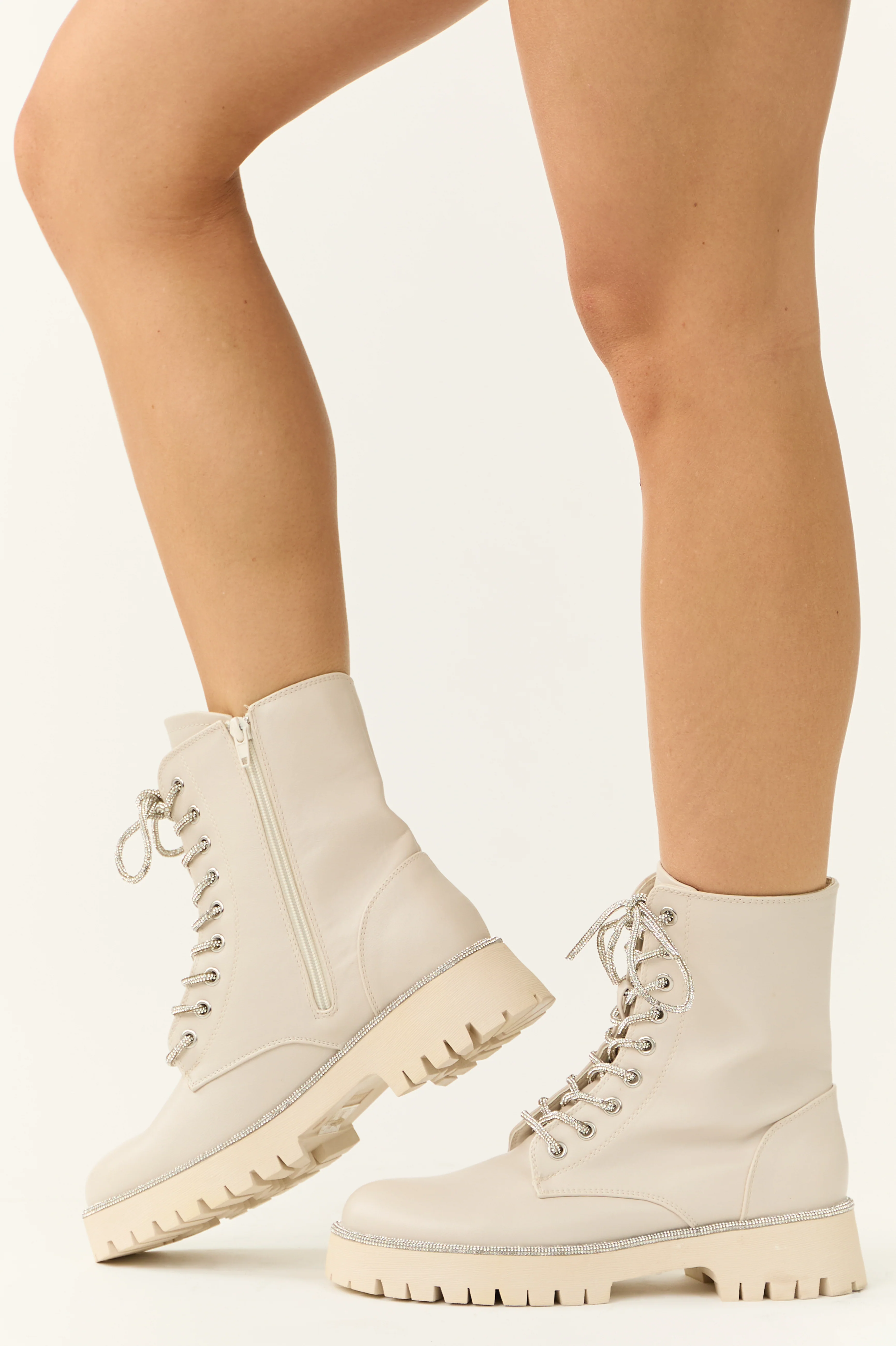 Coconut Rhinestone Detail Platform Combat Boots - Image 5