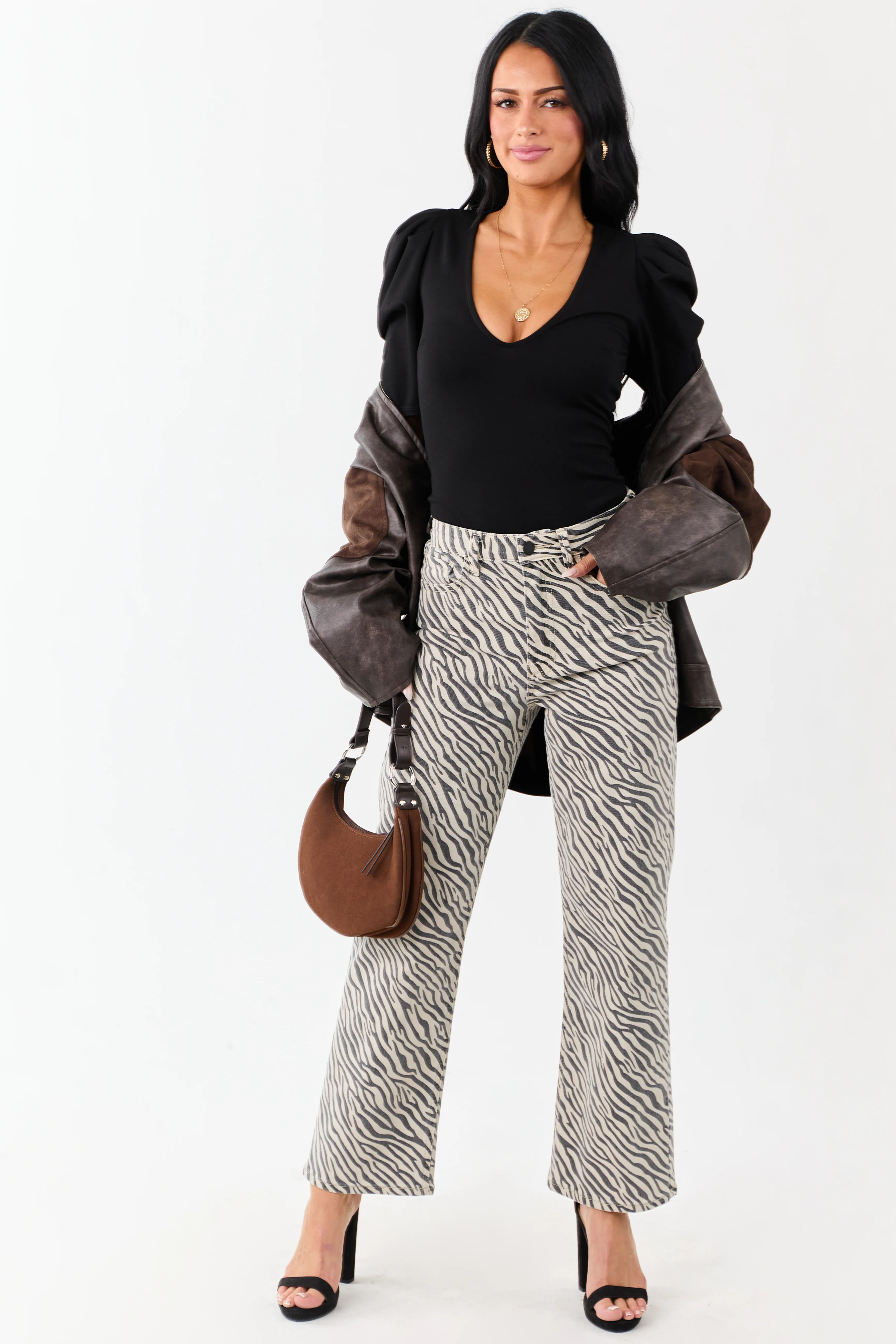 Coconut Zebra Print High Rise Straight Stretchy Jeans - Image 7