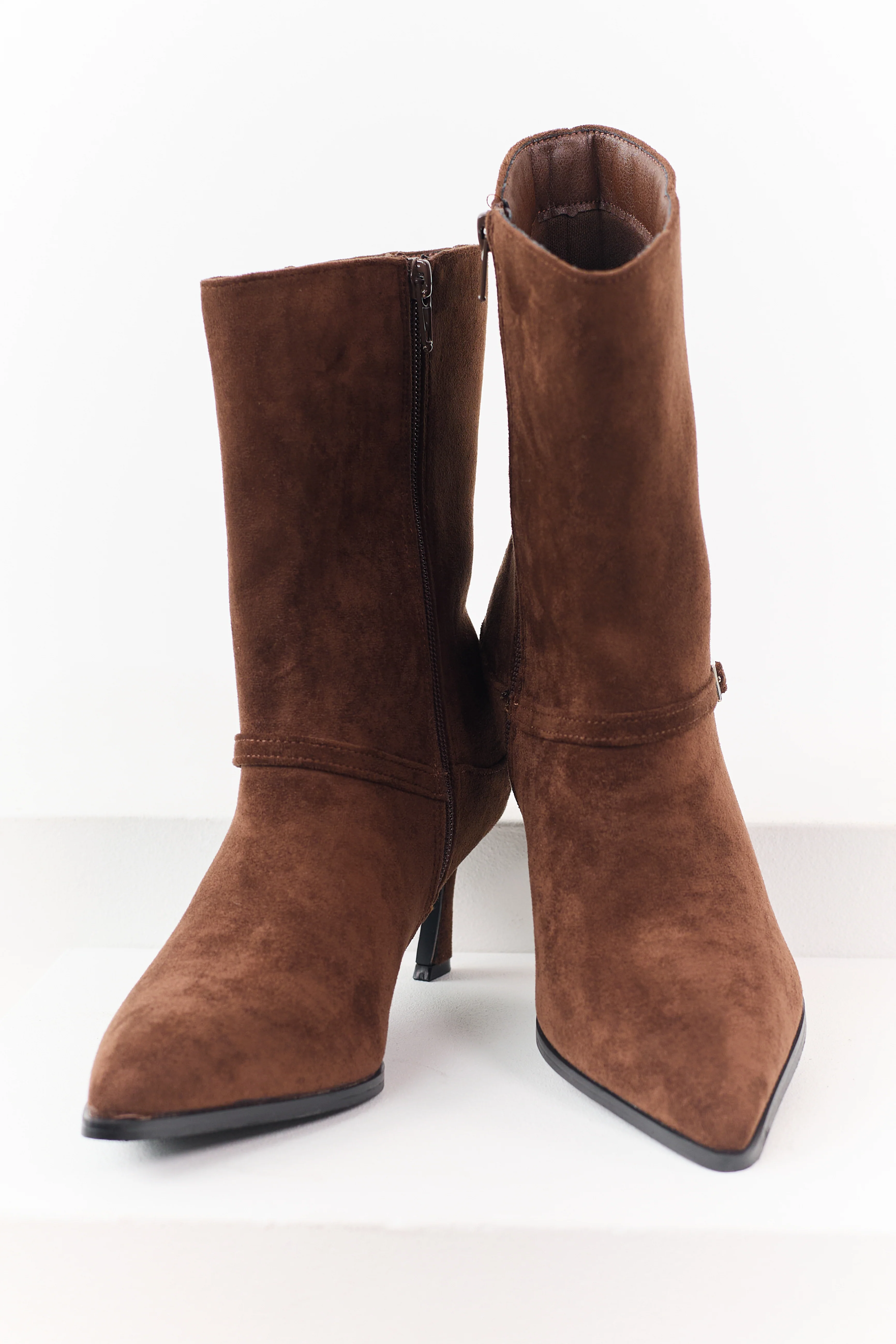 Coffee Faux Suede Kitten Heel Booties - Image 2