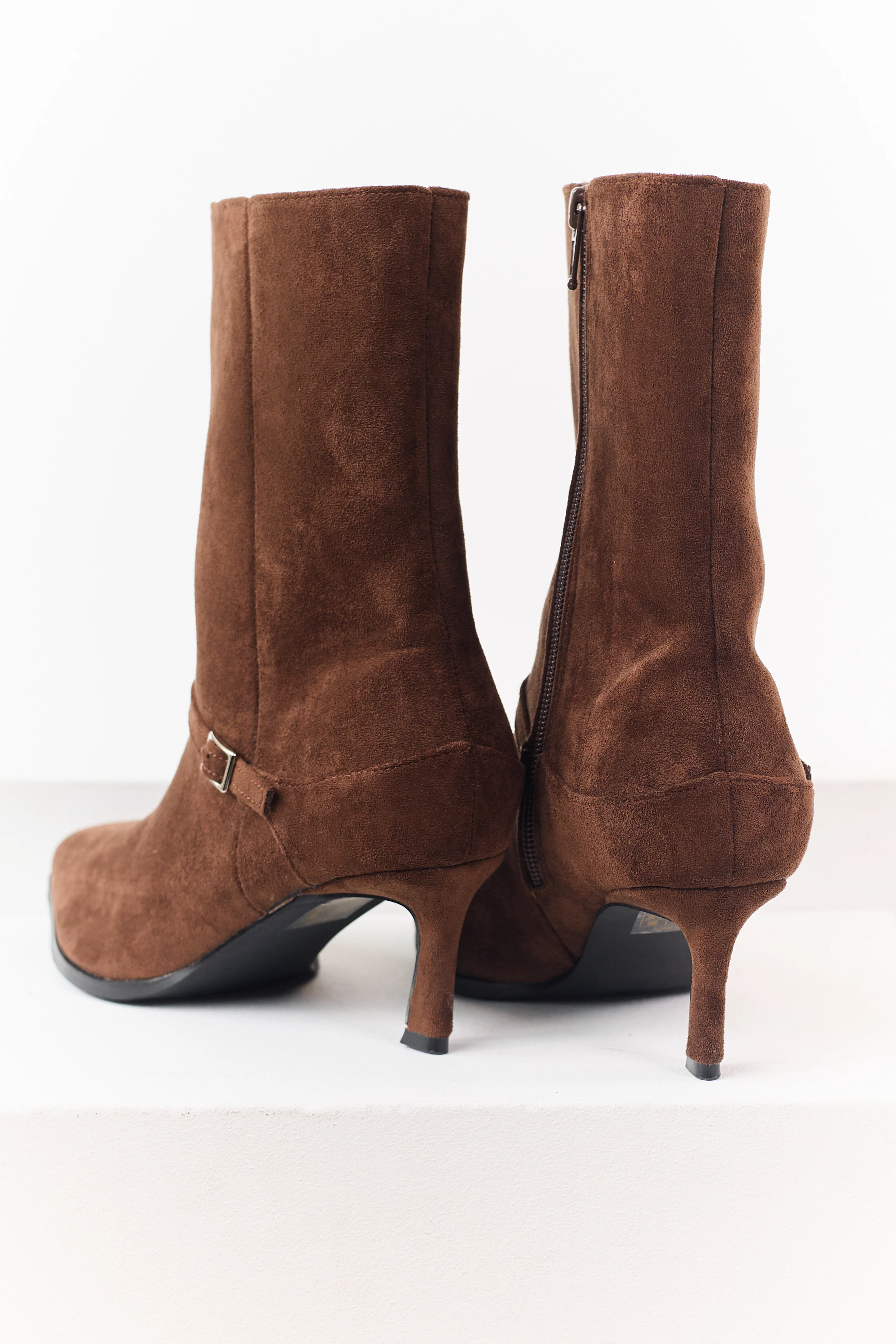 Coffee Faux Suede Kitten Heel Booties - Image 3