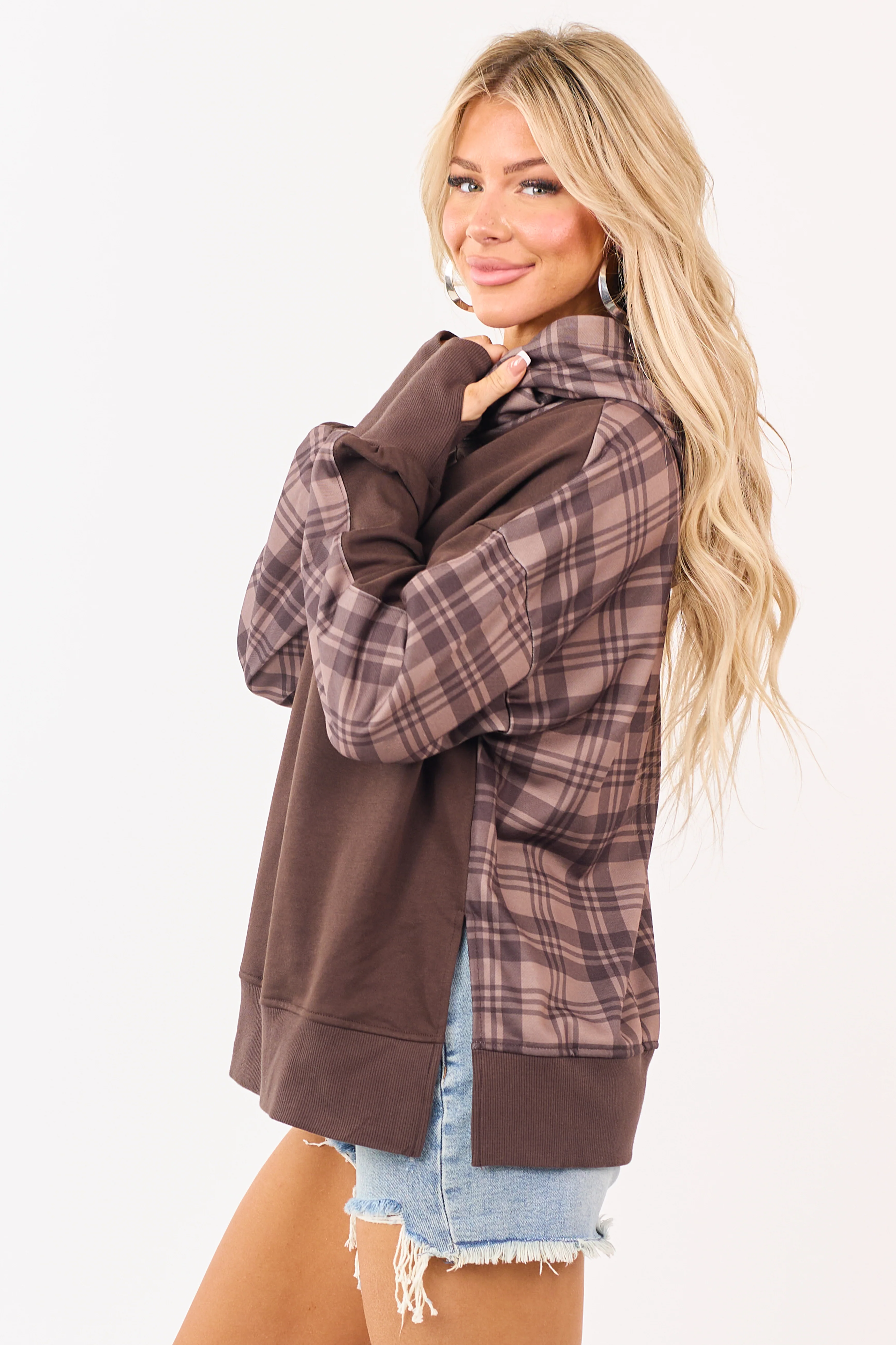 Coffee Patchwork Plaid Sweatshirt Hoodie - Image 5