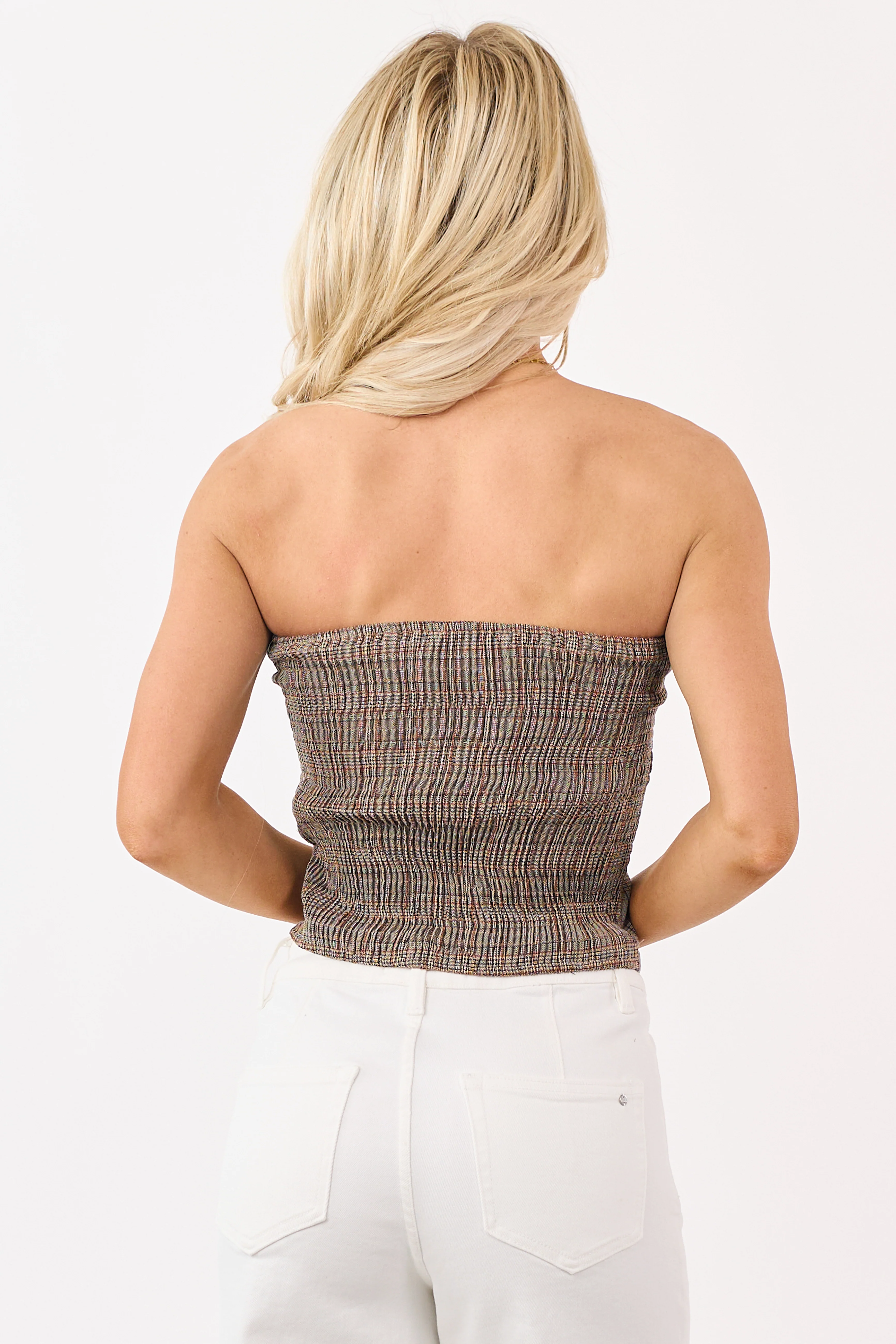 Coffee Plaid Lace Trim Smocked Strapless Top - Image 6