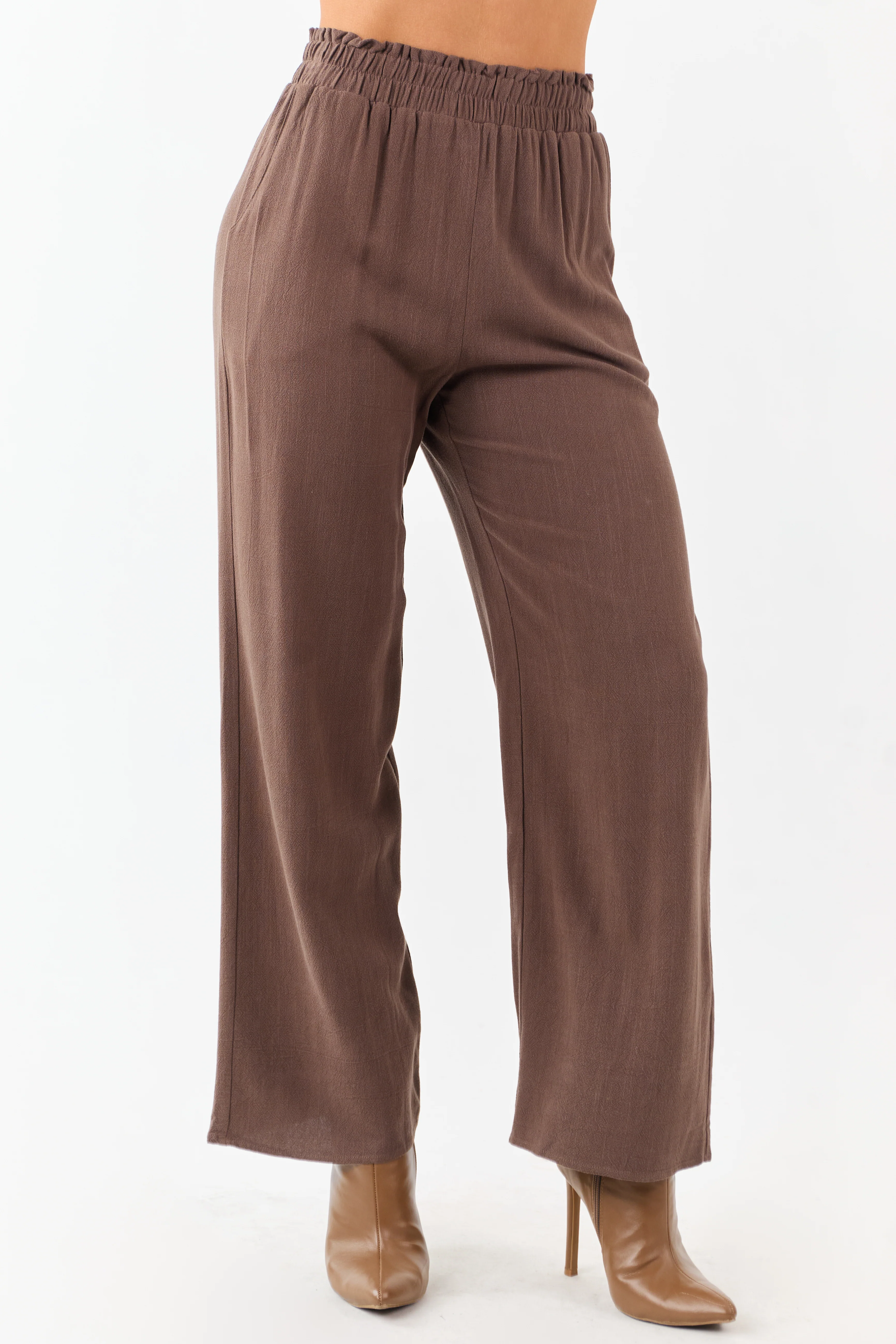 Coffee Smocked Waistband Wide Leg Linen Blend Pants - Image 2