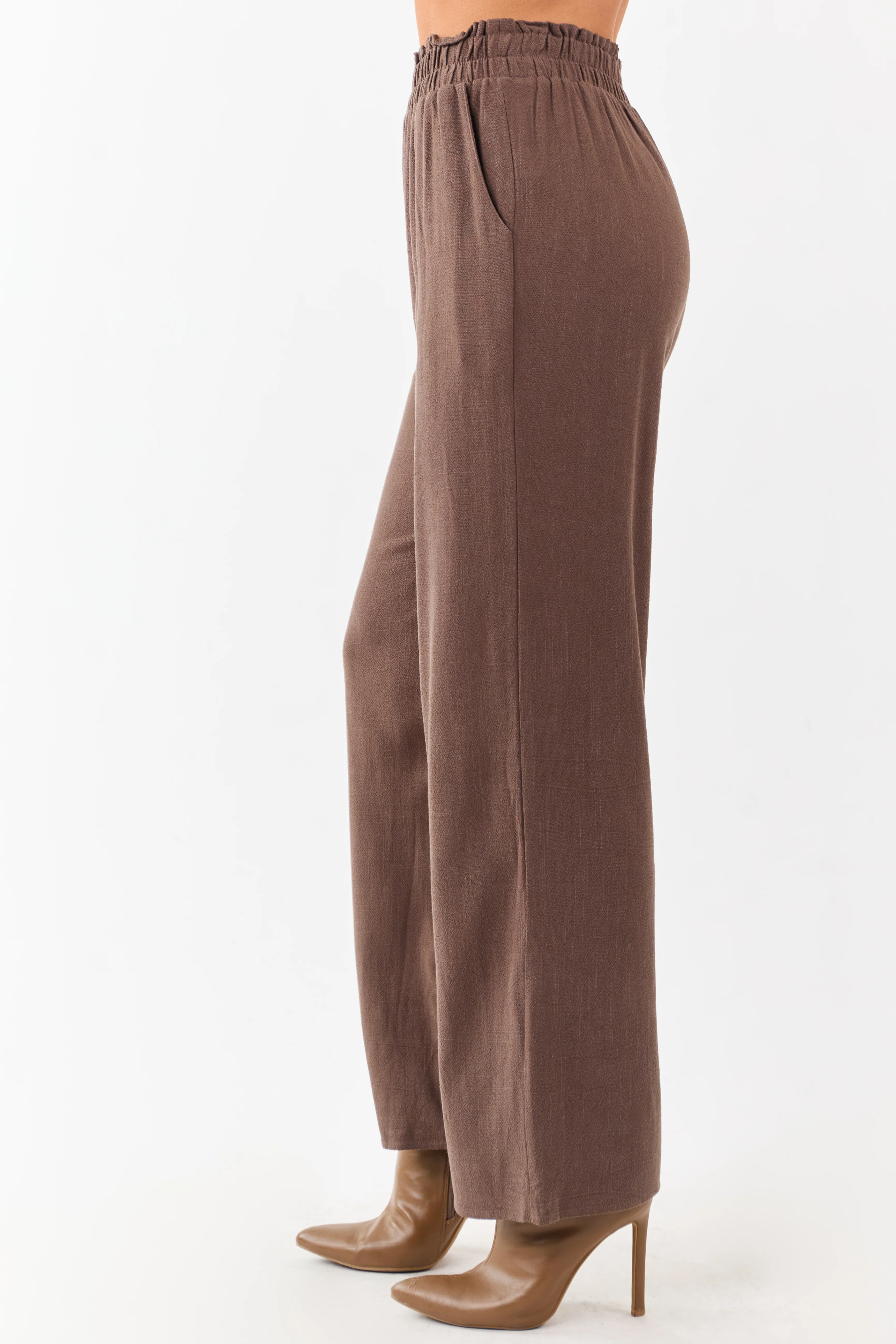 Coffee Smocked Waistband Wide Leg Linen Blend Pants - Image 3