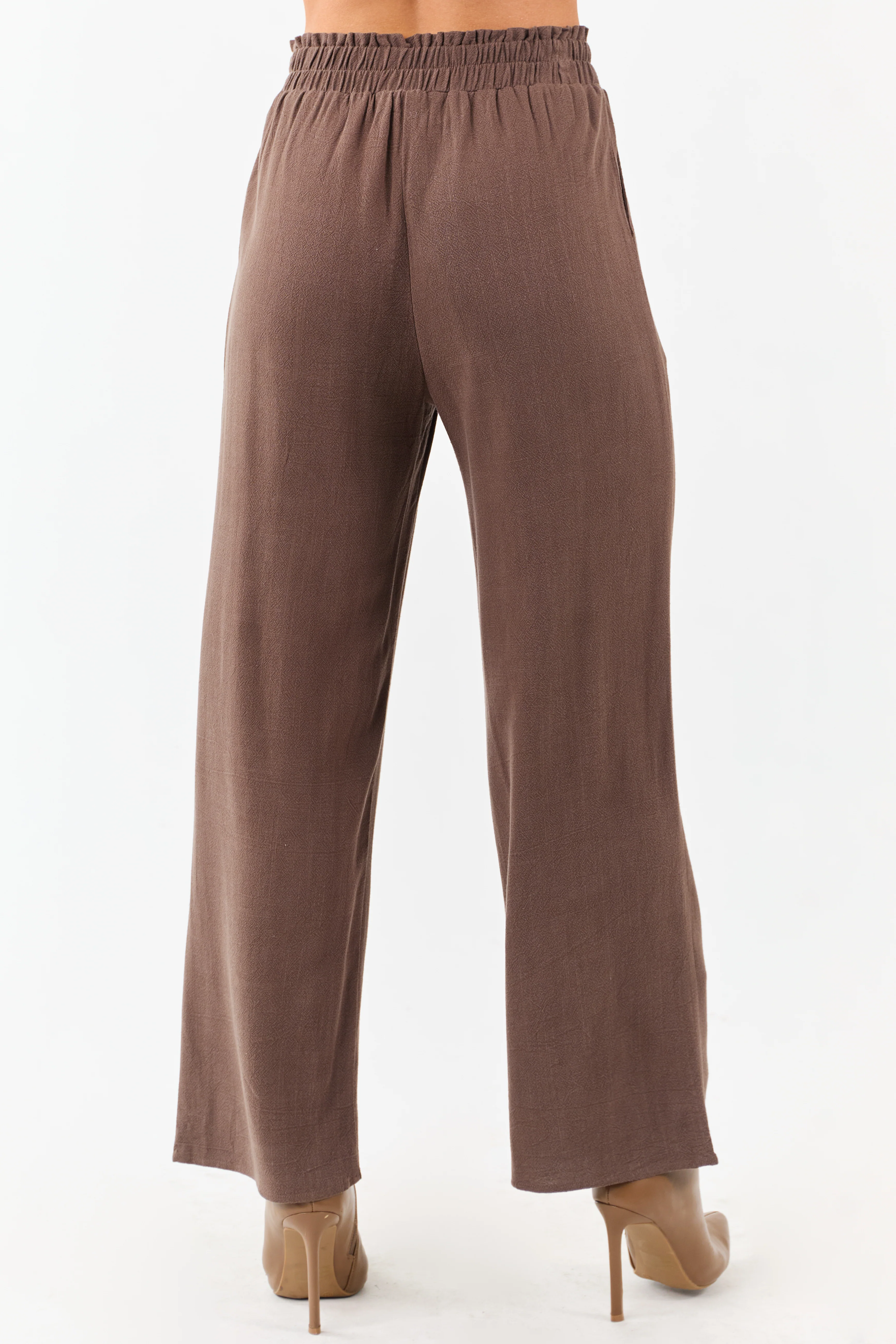 Coffee Smocked Waistband Wide Leg Linen Blend Pants - Image 4